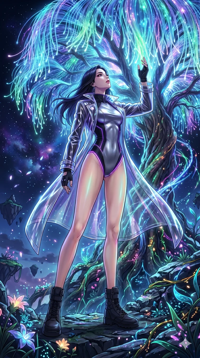 score_9, masterpiece, best quality, ultra-detailed, High-budget Anime Keyframe, vibrant colors, fluid line-art, expressive lighting, cinematic composition, Ufotable-style visual effects, top-tier animation quality, Korean woman with idol-like refined features. Low angle cowboy shot filling the entire 9:16 frame with her statuesque presence, looking up to emphasize her height. Communing with a ancient tree whose leaves are made of translucent fiber-optics. She has an absolutely perfect 8-heads proportion, an exceptionally tall and slender female figure with impossibly long slender legs and an ultra-slim waist, her statuesque height and towering silhouette dominating the vertical 9:16 frame. Her face is a masterpiece featuring a sharp v-shaped jawline, high-bridge nose, intricate jewel-like eyes with depth, thick eyelashes, and glossy lips with a natural sheen. She is wearing a Matte black techwear jumpsuit with glowing fiber-optic seams, translucent PVC trench coat over a metallic leotard, and high-cut leg line.. The scene is set in a floating island covered in giant glowing flowers and vines of pure energy. 2k, ultra detail, master piece, 9:16 ratio