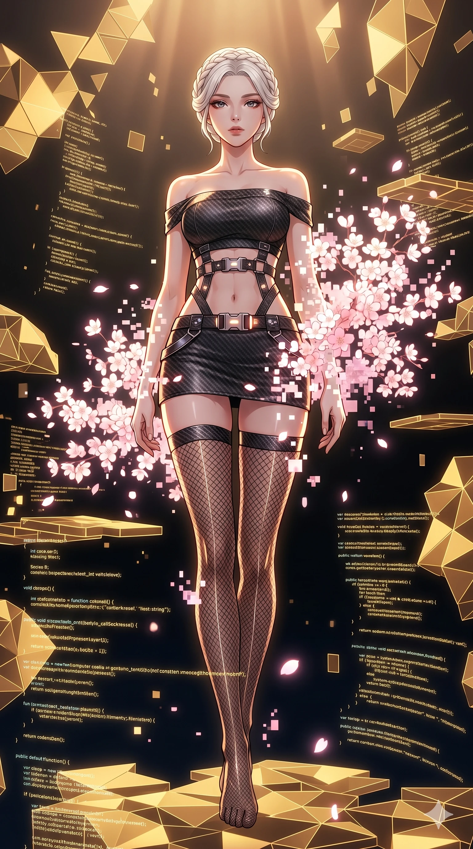 score_9, masterpiece, best quality, ultra-detailed, High-budget Anime Keyframe, vibrant colors, fluid line-art, expressive lighting, cinematic composition, Ufotable-style visual effects, top-tier animation quality, Korean woman with idol-like refined features. Dramatic low angle looking up at her majestic stature, dominating the vertical space of the composition. Vanishing into a sudden cloud of glowing cherry blossoms and digital pixels to escape an incoming attack. She has an absolutely perfect 8-heads proportion, an exceptionally tall and slender female figure with impossibly long slender legs and an ultra-slim waist, her statuesque height and towering silhouette dominating the vertical 9:16 frame. Her face is a masterpiece featuring a sharp v-shaped jawline, high-bridge nose, intricate jewel-like eyes with depth, thick eyelashes, and glossy lips with a natural sheen. She is wearing a Off-shoulder crop top paired with micro-skirts and thigh-high fishnet stockings crafted from Carbon-fiber weave with a high-tech matte finish and integrated glowing filaments, with an exposed midriff and a complex harness system that draws the eye. The scene is set in an abstract digital void with floating golden geometric shapes and rivers of flowing code, illuminated by golden hour sunlight that gives her skin a warm, radiant glow. 2k, ultra detail, master piece, 9:16 ratio