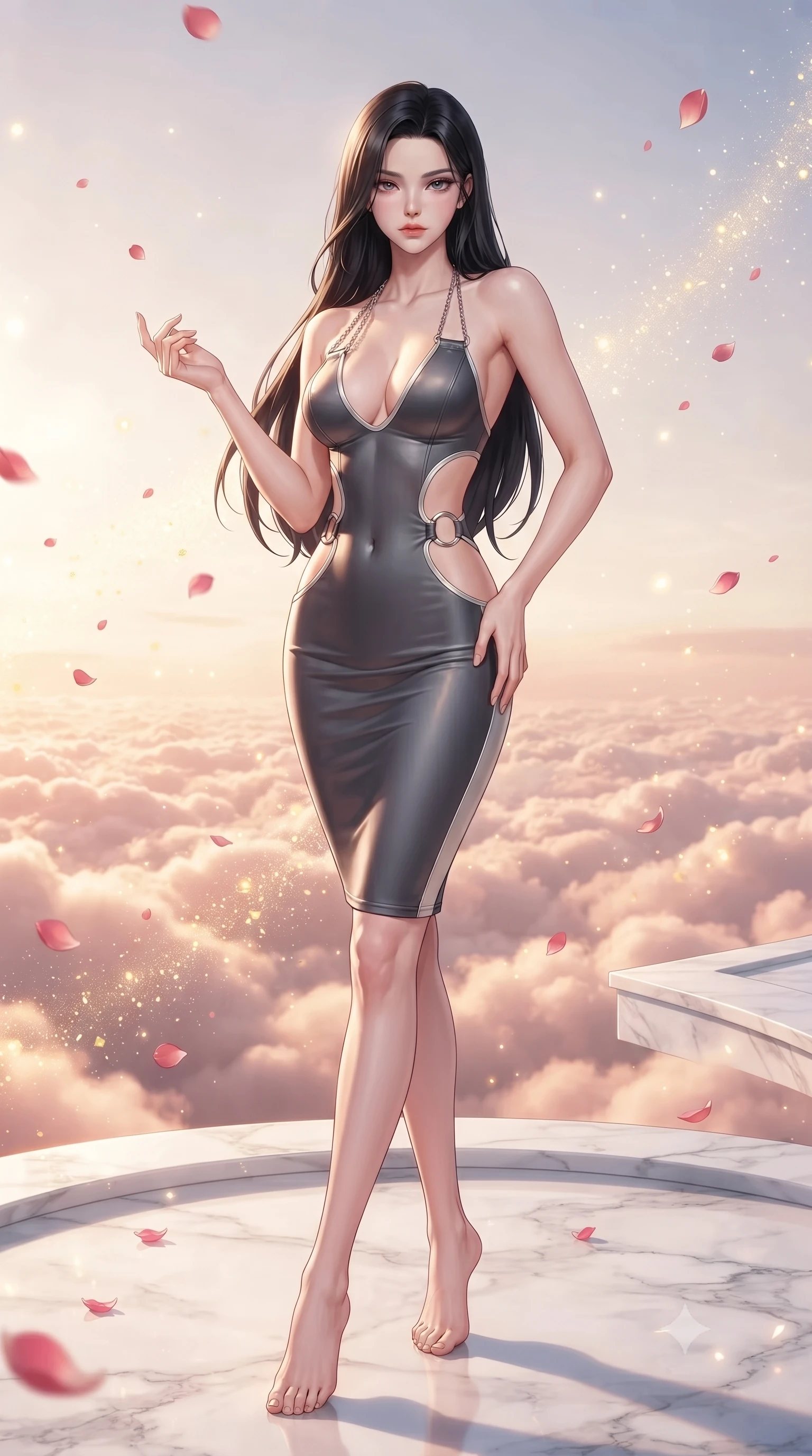 score_9, masterpiece, best quality, ultra-detailed, high-budget anime keyframe, editorial fashion photography, tasteful artistic composition, Korean woman. low angle full-body shot from head to toe showing her feet, filling the entire 9:16 vertical frame with her statuesque presence, stretching her vertical silhouette. navigating the luminous space with effortless poise, displaying her perfect model proportions standing on a floating white marble terrace above a sea of rose-gold clouds, floating rose petals and golden dust motes sparkling in the air. She has an absolutely perfect, statuesque 8.5-heads proportion, an exceptionally tall and slender model-like female figure with impossibly long slender legs and an ultra-slim waist. sharp v-shaped jawline, high-bridge nose, intricate jewel-like eyes with depth, thick eyelashes, glossy lips with a natural sheen. wearing a deep-scoop halter bodycon dress with hip cutouts connected by silver rings in charcoal grey and platinum, formed from sleek second-skin neoprene, adorned with delicate metallic chain straps along the neckline, the tailored fabric tightly following every curve of her athletic build. lit by brilliant warm key light softening into smooth, elegant gradients. highly saturated vibrant anime colors, detailed shading with soft gradients, rich glossy textures, high-contrast stereoscopic depth, volumetric dynamic lighting, master piece, 9:16 ratio