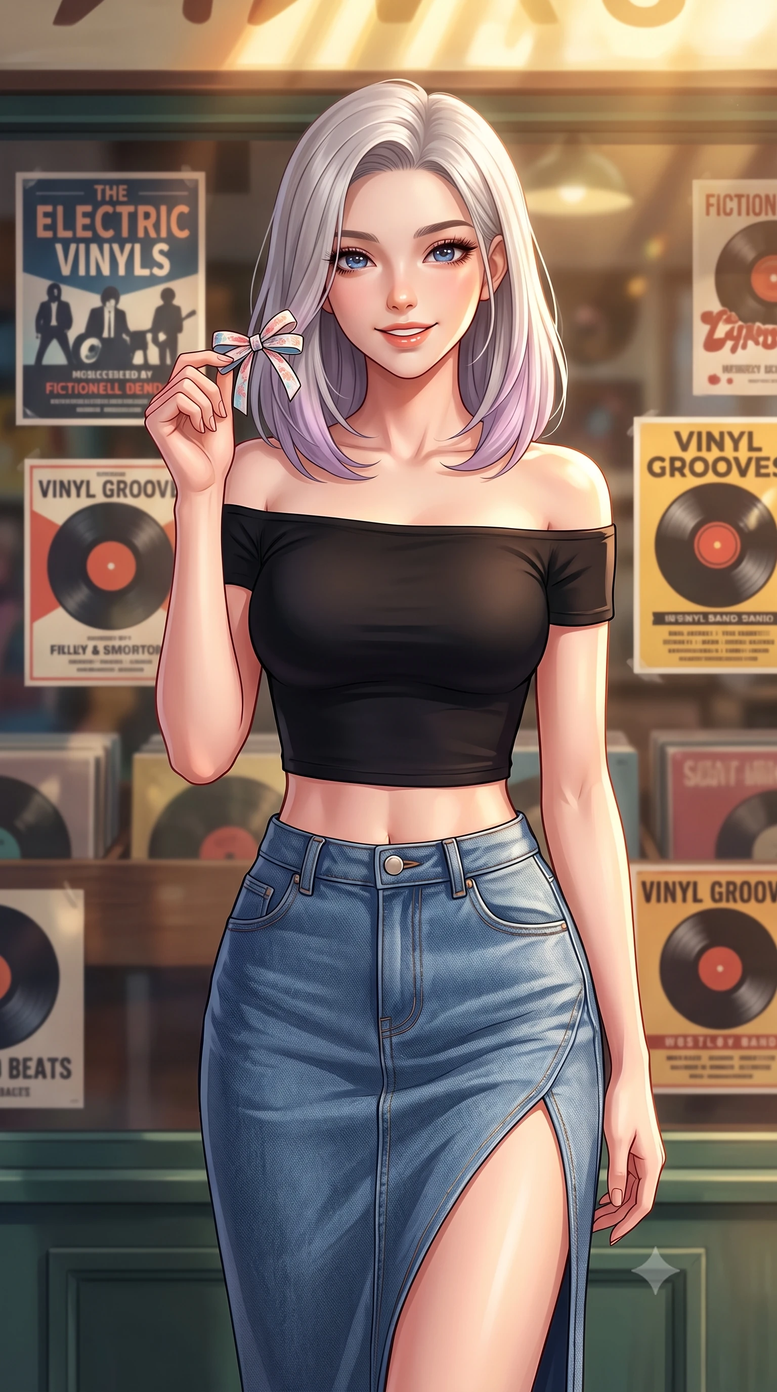 score_9, masterpiece, best quality, ultra-detailed, high-budget anime keyframe, editorial fashion photography, tasteful artistic composition, Caucasian woman. close-up cowboy shot from the waist and thighs up, the character dominates the composition, filling the frame with her large presence, background elements kept in soft focus. gazing at the camera with a warm, lovely smile and cute, friendly eye contact set against a soft-focus background of in front of a vintage vinyl record shop with retro music posters in the window holding a cute handmade ribbon hair clip, looking at the camera. She has an exceptionally elegant, slender, and willowy female figure with an ultra-slim waist, a gracefully sculpted slender torso, and a refined silhouette. sharp v-shaped jawline, high-bridge nose, intricate jewel-like eyes with depth, thick eyelashes, glossy lips with a natural sheen. wearing body-hugging stylish off-shoulder crop top paired with a high-slit denim midi skirt. warm afternoon sunlight filtering down between the narrow alley buildings. highly saturated vibrant anime colors, detailed shading with soft gradients, rich glossy textures, high-contrast stereoscopic depth, volumetric dynamic lighting, master piece, 9:16 ratio