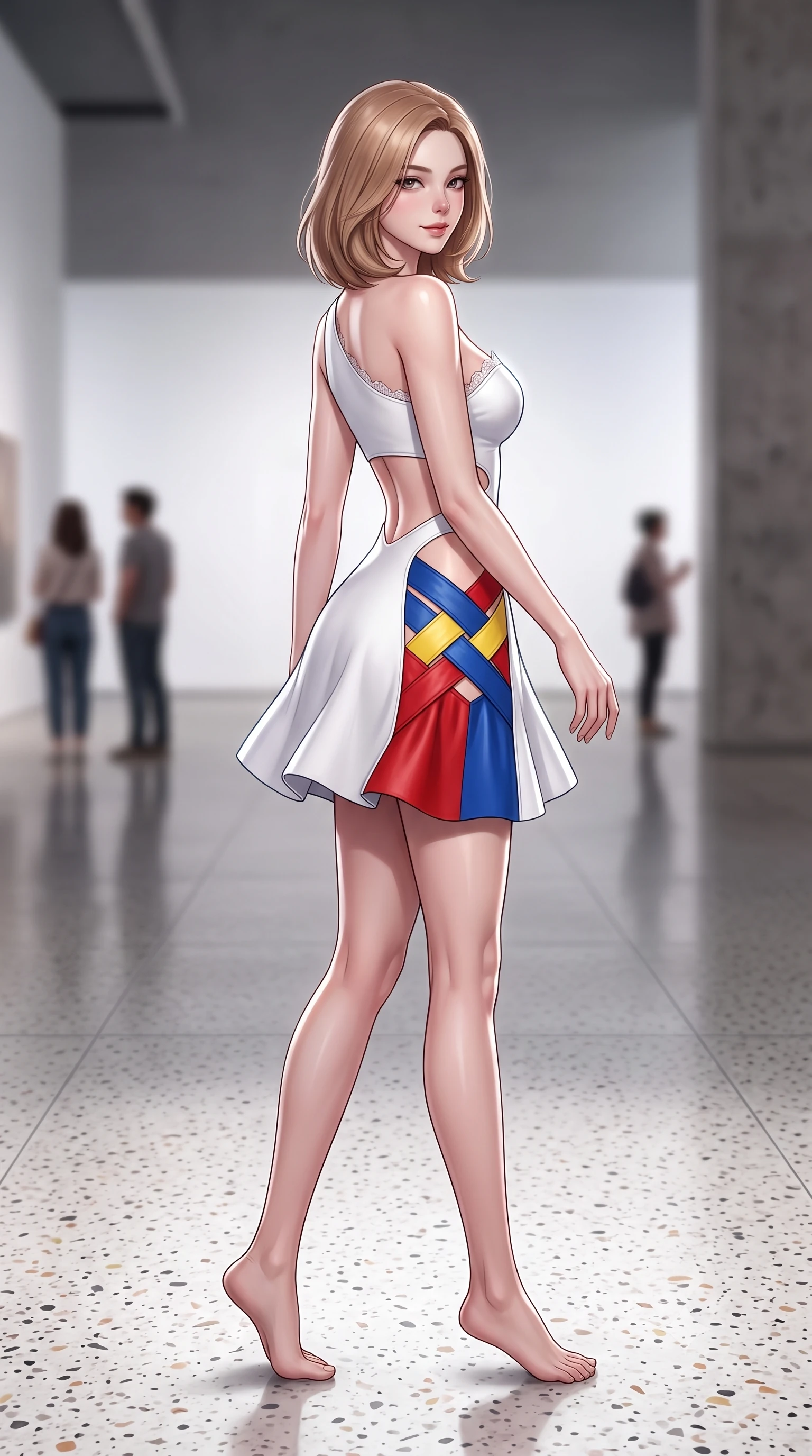 score_9, masterpiece, best quality, ultra-detailed, high-budget anime keyframe, semi-realistic 3D game render, editorial fashion photography, tasteful artistic composition, Korean woman. low angle full-body shot from head to toe showing her feet, filling the entire 9:16 vertical frame with her statuesque presence, stretching her vertical silhouette. executing a slow, graceful pivot turn as her skirt sways around her slender legs, glancing back with an enchanting, teasing sensual expression while walking slowly down the polished terrazzo floor, hips swaying in an alluring rhythm that commands the pristine minimalist space. The background shows a soft-focus modern art visitors softened in ultra-minimalist museum shallow focus. She has an absolutely perfect, statuesque 8.5-heads proportion, an exceptionally tall and slender model-like female figure with impossibly long slender legs, an ultra-slim waist, a flat toned midriff, narrow delicate ribcage, and beautifully sculpted feminine hips creating a graceful, slim hourglass silhouette without any bulky heaviness. sharp v-shaped jawline, high-bridge nose, sparkling eyes with hypnotic seductive depth, thick curled eyelashes, glossy parted lips with a natural dewy peach sheen, alluring bedroom-eyes with an enchanting coquettish smile, exuding magnetic siren charisma and sophisticated glamour, flawlessly proportioned anatomical accuracy, strict slender model proportions, natural body alignment, perfectly sculpted long slender limbs, ultra-slim waistline, clean dynamic posture without body distortion. wearing an asymmetric one-shoulder white neoprene mini dress with sharp laser-cut side openings framing her spine and hips in Mondrian primary red, canary yellow, and electric cobalt blue, woven from buttery-soft stretch lambskin leather adhering to her body like a second skin, finished with scalloped eyelash lace trim framing her sweetheart neckline with intimate elegance, the second-skin tailored fabric adhering flawlessly to her sculpted flat midriff and slender torso, emphasizing her long leg lines and perfectly proportioned willowy build. illuminated by white floor bounce fill and sharp platinum rim lights sculpting her razor-sharp jawline, narrow waist, and curvy hips. highly saturated vibrant anime colors, detailed shading with soft gradients, rich glossy textures, high-contrast stereoscopic depth, volumetric dynamic lighting, master piece, 9:16 ratio