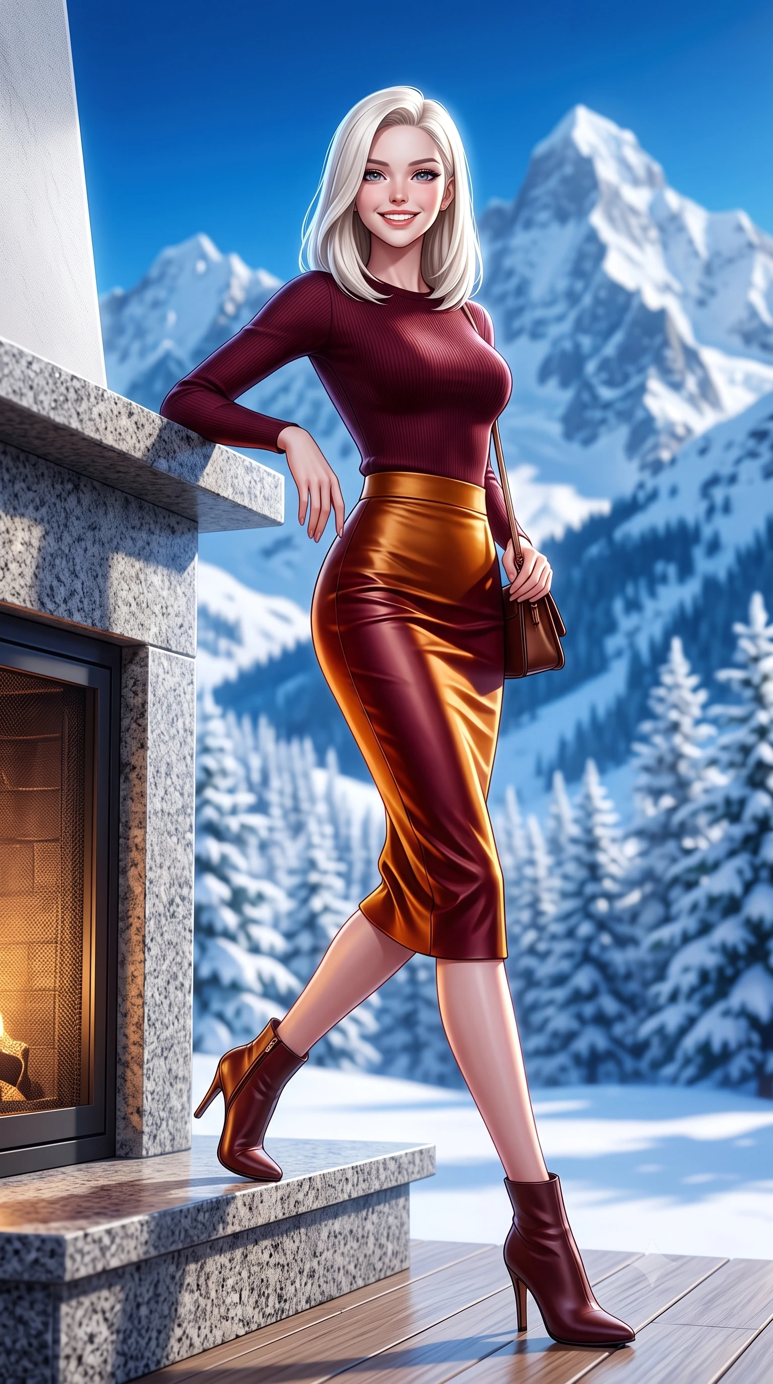 score_9, masterpiece, best quality, ultra-detailed, high-budget anime keyframe, semi-realistic 3D game render, editorial fashion photography, tasteful artistic composition, Caucasian woman. low angle full-body shot from head to toe showing her feet, filling the entire 9:16 vertical frame with her statuesque presence, stretching her vertical silhouette. stepping forward in a confident stride, her long slender legs and curvaceous hips creating a dynamic, sweeping vertical line while leaning with effortless supermodel poise against the granite fireplace mantel, one boot resting lightly on the hearth ledge. The background shows a soft-focus towering jagged snow-covered Swiss Alps, deep blue alpine sky, and frosted fir forests outside blurred into cobalt, stark white, and cedar bokeh. She has an exceptionally tall and slender model-like 8.5-heads proportion, an ultra-slim waist, a flat toned midriff, narrow delicate ribcage, and beautifully sculpted feminine hips creating a graceful, slim hourglass silhouette without any bulky heaviness, with impossibly long slender legs. sharp v-shaped jawline, high-bridge nose, intricate jewel-like sparkling eyes with depth, thick eyelashes, glossy parted lips with a natural peach sheen, bright cheerful beaming smile with an enchanting and coquettish sensual glint, exuding both youthful cute charm and seductive allure, flawlessly proportioned anatomical accuracy, strict slender model proportions, natural body alignment, perfectly sculpted long slender limbs, ultra-slim waistline, clean dynamic posture without body distortion. wearing a body-hugging French chic knit top paired with a form-contouring leather pencil midi skirt with a subtle walking vent in rich Oxford burgundy and golden amber, crafted from lustrous liquid satin crepe that drapes in body-clinging ripples catching ambient lights, finished with a structured leather micro-bag held lightly at her hip, the second-skin tailored fabric adhering flawlessly to her sculpted flat midriff and slender torso, emphasizing her long leg lines and perfectly proportioned willowy build. illuminated by brilliant snow reflection fill and sharp ice-crystal rim lights defining her razor-sharp jawline and tall slender frame. highly saturated vibrant anime colors, detailed shading with soft gradients, rich glossy textures, high-contrast stereoscopic depth, volumetric dynamic lighting, master piece, 9:16 ratio