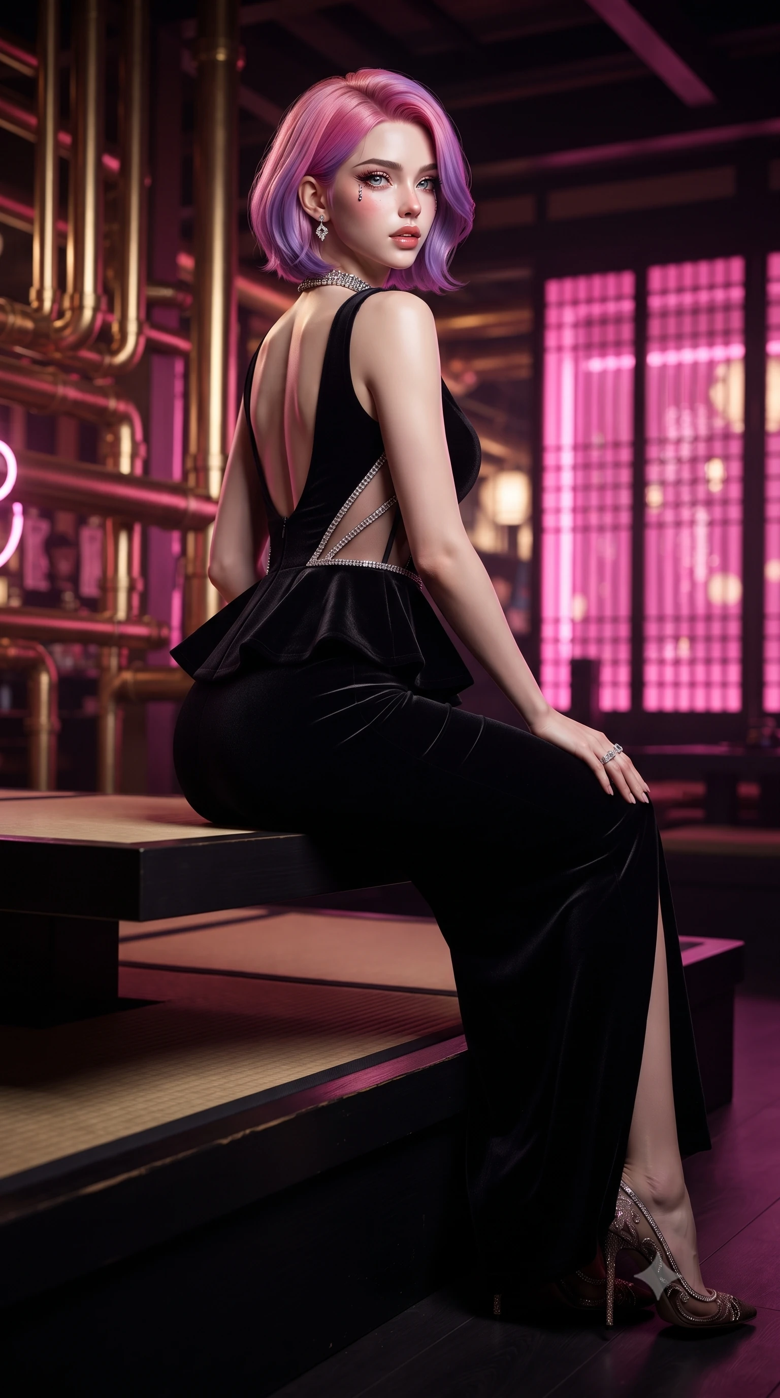 score_9, masterpiece, best quality, ultra-detailed, high-budget anime keyframe, editorial fashion photography, tasteful artistic composition, Caucasian woman. low angle full-body shot from head to toe showing her feet, filling the entire 9:16 vertical frame with her statuesque presence, stretching her vertical silhouette. posing with back turned slightly to the lens, glancing back with smoldering allure as she arches her lower back to emphasize her sculpted feminine hips and slender waist while sitting perched on an elevated tatami platform surrounded by polished brass steam pipes and glowing pink neon lattice screens, arching her lower back with sovereign poise. The composition keeps background elements in soft focus with creamy bokeh. intricate glowing neon shoji screens and polished copper steam pipes blurred into hot magenta, cyber-gold, and plum bokeh. She has an exceptionally tall and slender model-like 8.5-heads proportion, an ultra-slim waist, a flat toned midriff, narrow delicate ribcage, and beautifully sculpted feminine hips creating a graceful, slim hourglass silhouette without any bulky heaviness, with impossibly long slender legs. sharp v-shaped jawline, high-bridge nose, intricate jewel-like eyes with depth, thick eyelashes, glossy parted lips with a natural sheen, intensely captivating and seductive bedroom-eyes expression, flawlessly proportioned anatomical accuracy, strict slender model proportions, natural body alignment, perfectly sculpted long slender limbs, ultra-slim waistline, clean dynamic posture without body distortion. wearing a structural geometric peplum gown with sheer side-ribbon cutouts and form-fitting skirt in pitch-black velvet with diamond crystal trim, tailored from liquid silk jersey adhering flawlessly to her slender build, complemented by a bold geometric choker and sparkling cocktail ring, the precision-cut side openings and low-back scoop framing her graceful spine and the sensual sweep of her slim, toned hips. illuminated by crisp directional edge lights defining her sculpted collarbones, ultra-slim waist, and curvy hips. ultra-reflective glossy finish, specular highlights, rich textural contrasts, high-contrast stereoscopic depth, volumetric dynamic lighting, 2k, ultra detail, master piece, 9:16 ratio