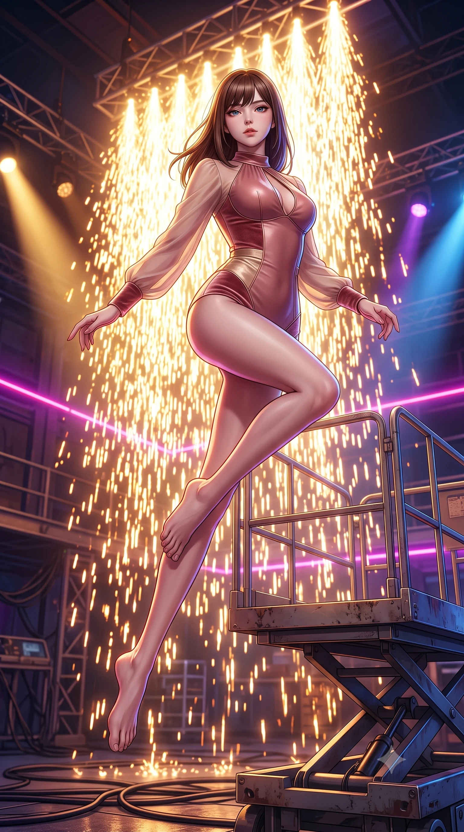 score_9, masterpiece, best quality, ultra-detailed, high-budget anime keyframe, editorial fashion photography, tasteful artistic composition, Korean woman. low angle full-body shot from head to toe showing her feet, filling the entire 9:16 vertical frame with her statuesque presence, stretching her vertical silhouette. leaping gracefully through the environment with statuesque elegance and long slender legs poised on a hydraulic lift platform surrounded by dazzling pyrotechnic sparks, golden pyrotechnic sparks falling like a waterfall behind her silhouette. She has an absolutely perfect, statuesque 8.5-heads proportion, an exceptionally tall and slender model-like female figure with impossibly long slender legs and an ultra-slim waist. sharp v-shaped jawline, high-bridge nose, intricate jewel-like eyes with depth, thick eyelashes, glossy lips with a natural sheen. wearing a tailored leather bustier over a sheer silk chiffon blouse in dusty rose and champagne gold, made of premium stretch velvet with a rich sheen, accented with a Tasteful chest slit framing her clavicle gracefully, the tailored fabric tightly following every curve of her athletic build. bathed in intense volumetric stage spotlights and vivid neon rim lights. highly saturated vibrant anime colors, detailed shading with soft gradients, rich glossy textures, high-contrast stereoscopic depth, volumetric dynamic lighting, master piece, 9:16 ratio