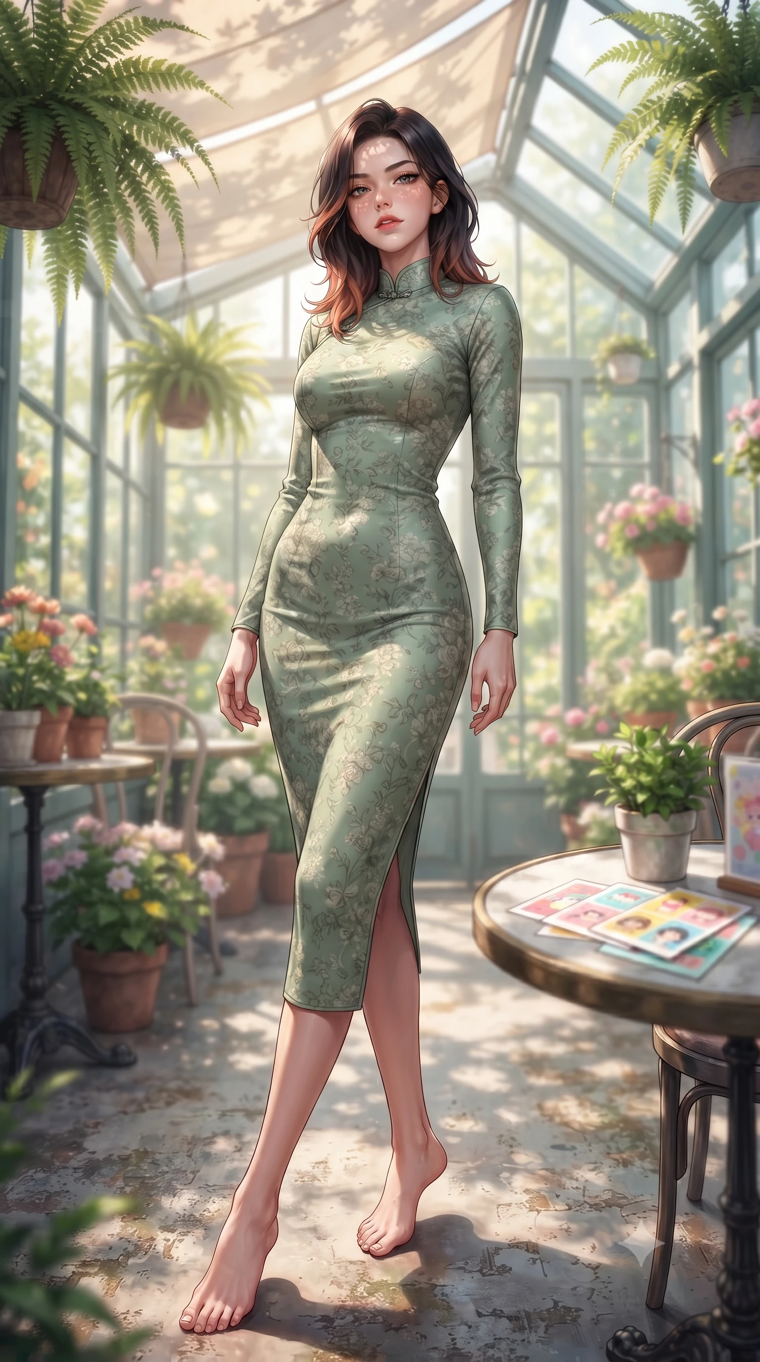 score_9, masterpiece, best quality, ultra-detailed, high-budget anime keyframe, editorial fashion photography, tasteful artistic composition, Korean woman. low angle full-body shot from head to toe showing her feet, filling the entire 9:16 vertical frame with her statuesque presence, stretching her vertical silhouette. standing in a captivating power pose, tilting her chin up with a smoldering, bright expression set against a soft-focus background of in a quiet glass-roofed sunroom cafe filled with hanging ferns and flower pots with a small green plant and a stack of cute design postcards on the table. She has an absolutely perfect, statuesque 8.5-heads proportion, an exceptionally tall and slender model-like female figure with impossibly long slender legs and an ultra-slim waist. sharp v-shaped jawline, high-bridge nose, intricate jewel-like eyes with depth, thick eyelashes, glossy lips with a natural sheen. wearing body-hugging lovely floral print midi dress in sage green, featuring a high collar and long sleeves. dappled sunlight filtering through the outdoor awning onto her face. highly saturated vibrant anime colors, detailed shading with soft gradients, rich glossy textures, high-contrast stereoscopic depth, volumetric dynamic lighting, master piece, 9:16 ratio