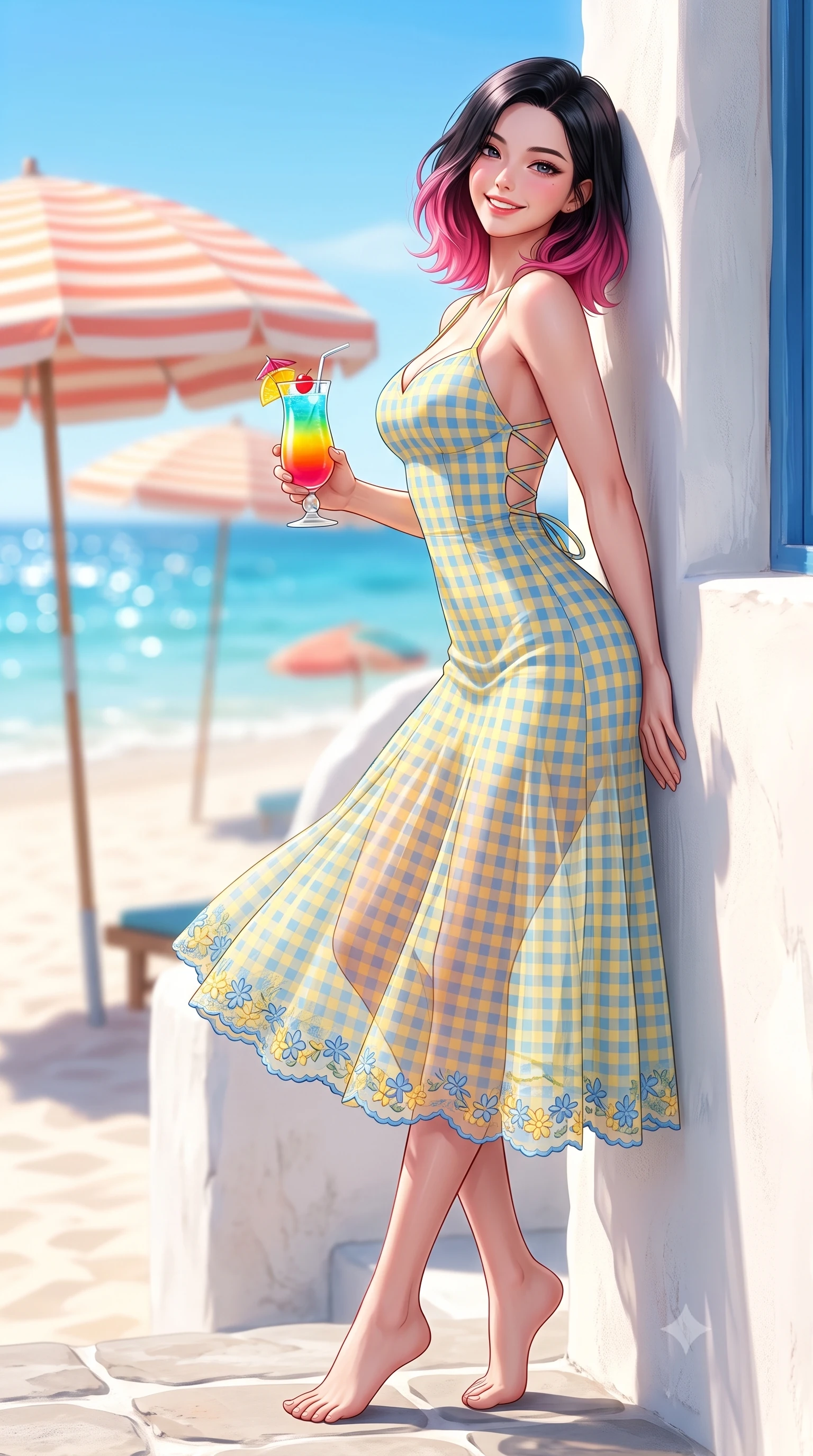 score_9, masterpiece, best quality, ultra-detailed, high-budget anime keyframe, semi-realistic 3D game render, editorial fashion photography, tasteful artistic composition, Korean woman. low angle full-body shot from head to toe showing her feet, filling the entire 9:16 vertical frame with her statuesque presence, stretching her vertical silhouette. leaning deep against the sunlit architecture with hips cocked back in a cute yet unapologetically alluring high-fashion stance, flashing a warm beaming smile while turning in an alluring contrapposto stance with a colorful cocktail in hand, her form-fitting resort wear hugging her narrow waist and hips. The composition keeps background elements in soft focus with dreamy creamy bokeh. retro striped beach umbrellas, white sand, and glittering blue sea blurred into coral, turquoise, and champagne bokeh. She has an exceptionally tall and slender model-like 8.5-heads proportion, an ultra-slim waist, a flat toned midriff, narrow delicate ribcage, and beautifully sculpted feminine hips creating a graceful, slim hourglass silhouette without any bulky heaviness, with impossibly long slender legs. sharp v-shaped jawline, high-bridge nose, intricate jewel-like sparkling eyes with depth, thick eyelashes, glossy parted lips with a natural peach sheen, bright cheerful beaming smile with an enchanting and coquettish sensual glint, exuding both youthful cute charm and seductive allure, flawlessly proportioned anatomical accuracy, strict slender model proportions, natural body alignment, perfectly sculpted long slender limbs, ultra-slim waistline, clean dynamic posture without body distortion. wearing a backless lace-up gingham sundress with a form-fitting bodice and hip-defining silhouette in sunny daffodil yellow and clear sky blue, woven from layered gossamer organza with weightless flutter, complemented by delicate embroidered floral trim along the hem, the glove-like silhouette tightly following the natural contour of her hips and long slender legs with youthful 8.5-heads elegance. illuminated by intense specular sea reflections sharply carving her razor-sharp jawline, narrow waist, and curvy hips. highly saturated vibrant anime colors, detailed shading with soft gradients, rich glossy textures, high-contrast stereoscopic depth, volumetric dynamic lighting, master piece, 9:16 ratio