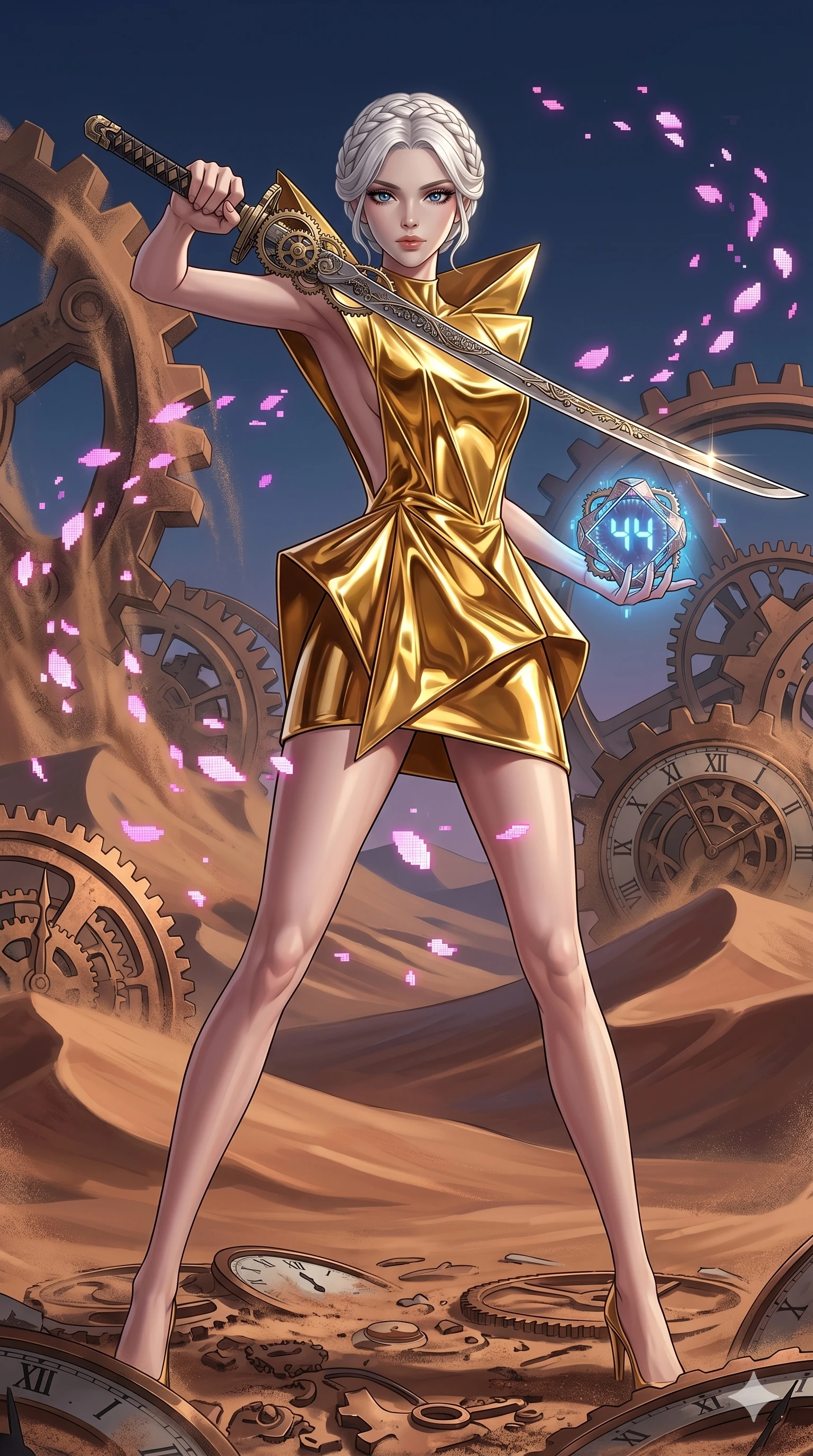 score_9, masterpiece, best quality, ultra-detailed, Set A: High-budget Anime Keyframe, Japanese woman. Low angle cowboy shot filling the entire 9:16 frame with her statuesque presence. Drawing a blade through a clockwork desert, holding a relic that pulses with the frequency 44 and surrounded by digital sakura petals. She has an absolutely perfect 8-heads proportion, an exceptionally tall and slender female figure with impossibly long slender legs and an ultra-slim waist. Sharp v-shaped jawline, high-bridge nose, intricate jewel-like eyes with depth, thick eyelashes, glossy lips with a natural sheen. Wearing Liquid gold mini-dress with a sharp architectural silhouette and open back. Cinematic lighting, vibrant colors, dramatic shadows, 2k, ultra detail, master piece, 9:16 ratio