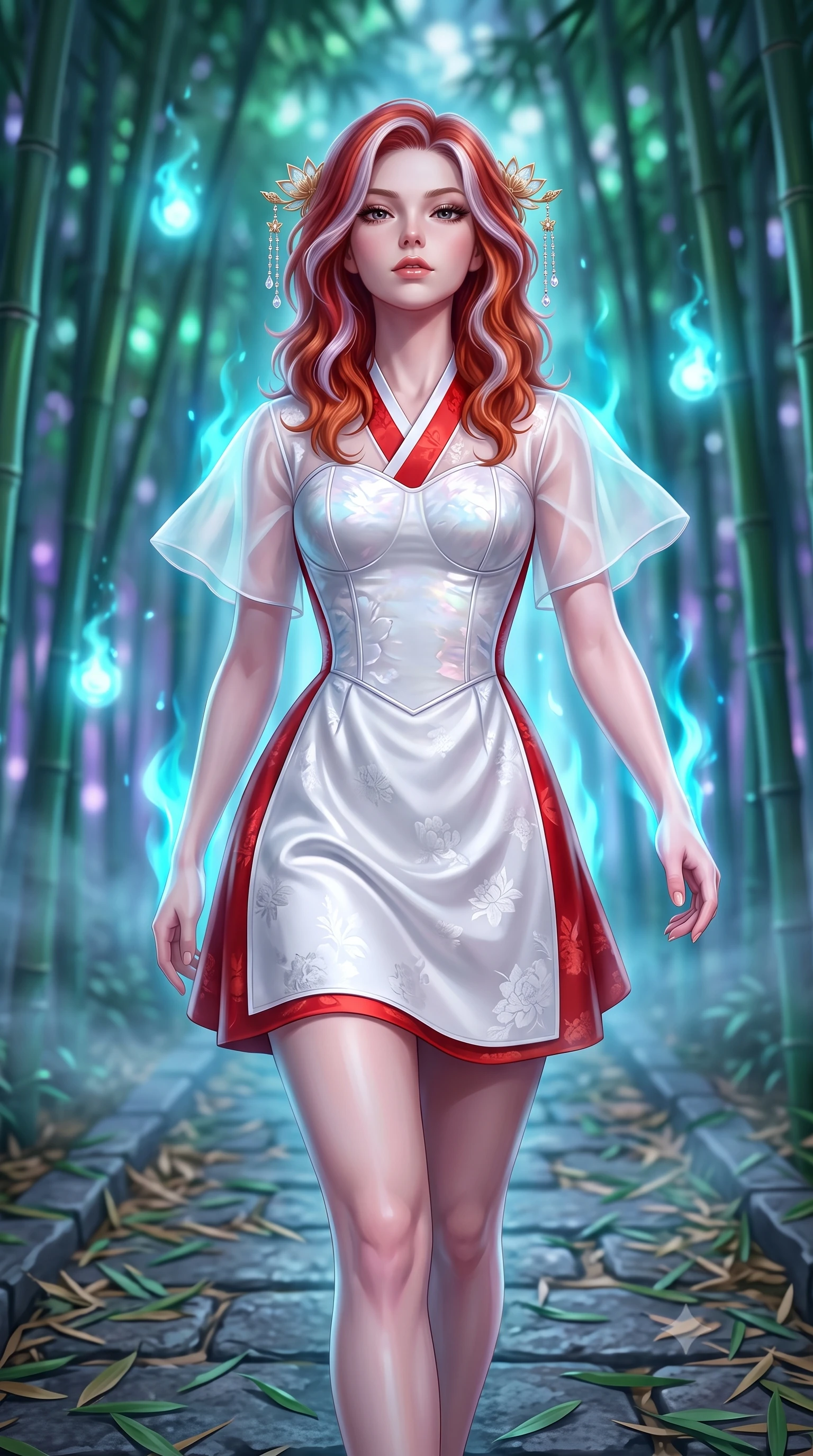 score_9, masterpiece, best quality, ultra-detailed, high-budget anime keyframe, semi-realistic 3D game render, editorial fashion photography, tasteful artistic composition, Caucasian woman. close-up cowboy shot from the waist and thighs up, the character dominates the composition, filling the frame with her large presence. tilting her chin up with proud, sovereign confidence while gazing directly into the lens with thick, dark eyelashes while striding along a stone path covered in fallen bamboo leaves with effortless, otherworldly supernatural balance. The composition keeps background elements in soft focus with creamy bokeh. towering bamboo groves and floating spirit orbs blurred into luminous emerald, cyan, and amethyst bokeh. She has an exceptionally elegant, slender, and willowy female figure with an ultra-slim waist, a gracefully sculpted slender torso, toned flat midriff, and a refined slim silhouette. sharp v-shaped jawline, high-bridge nose, intricate jewel-like eyes with depth, thick eyelashes, glossy lips with a natural sheen, captivating and magnetic expression, flawlessly proportioned anatomical accuracy, strict slender model proportions, natural body alignment, perfectly sculpted long slender limbs, ultra-slim waistline, clean dynamic posture without body distortion. wearing a modern fusion silk hanbok dress with sheer organza butterfly sleeves and a structured mother-of-pearl bodice in pure snow white and vermilion red, made of liquid-smooth silk satin with subtle floral jacquard, finished with delicate golden lotus hairpins and dangling crystal beads, the liquid-tight tailored fabric emphasizing every curve of her tall, slender model proportions and sculptured silhouette during dynamic movement. bathed in magical cyan spirit flame luminescence and soft moonlit fog fill. highly saturated vibrant anime colors, detailed shading with soft gradients, rich glossy textures, high-contrast stereoscopic depth, volumetric dynamic lighting, master piece, 9:16 ratio