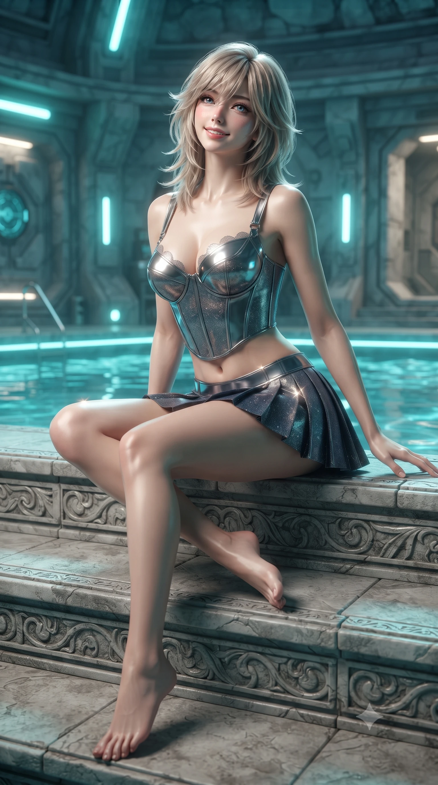 score_9, masterpiece, best quality, ultra-detailed, high-budget anime keyframe, editorial fashion photography, tasteful artistic composition, Japanese woman. low angle full-body shot from head to toe showing her feet, filling the entire 9:16 vertical frame with her statuesque presence, stretching her vertical silhouette. sitting poised on the stone steps with one knee bent, arching her spine with supermodel elegance as she glances upward through thick eyelashes while twisting her slender torso in an alluring S-curve beside the departure pool, pulsating turquoise water caustics caressing her flat midriff and hips. The surrounding environment is rendered in vivid detail and crisp panoramic clarity: detailed tactical jumpsuit drape, high-gloss wet-look sheen, and grand lunar-ice infrastructure in high resolution. She has an exceptionally tall and slender model-like 8.5-heads proportion, an ultra-slim waist, a flat toned midriff, narrow delicate ribcage, and beautifully sculpted feminine hips creating a graceful, slim hourglass silhouette without any bulky heaviness, with impossibly long slender legs. sharp v-shaped jawline, high-bridge nose, intricate jewel-like sparkling eyes with depth, thick eyelashes, glossy parted lips with a natural peach sheen, bright cheerful beaming smile with an enchanting and coquettish sensual glint, exuding both youthful cute charm and seductive allure, flawlessly proportioned anatomical accuracy, strict slender model proportions, natural body alignment, perfectly sculpted long slender limbs, ultra-slim waistline, clean dynamic posture without body distortion. wearing a chrome-plated tactical combat bustier top with reinforced underwire paired with a low-rise pleated micro combat skirt in tactical carbon navy and polished chrome, woven from stretch metallic lurex jersey casting radiant starlight glints across her curves, finished with scalloped eyelash lace trim framing her sweetheart neckline with intimate elegance, the glove-like clinging cut tightly following the natural contour of her hips and long slender legs with youthful 8.5-heads elegance. bathed in brilliant turquoise water up-light combined with warm 2800K platform recessed downlights. ultra-reflective glossy finish, specular highlights, rich textural contrasts, high-contrast stereoscopic depth, volumetric dynamic lighting, 2k, ultra detail, master piece, 9:16 ratio