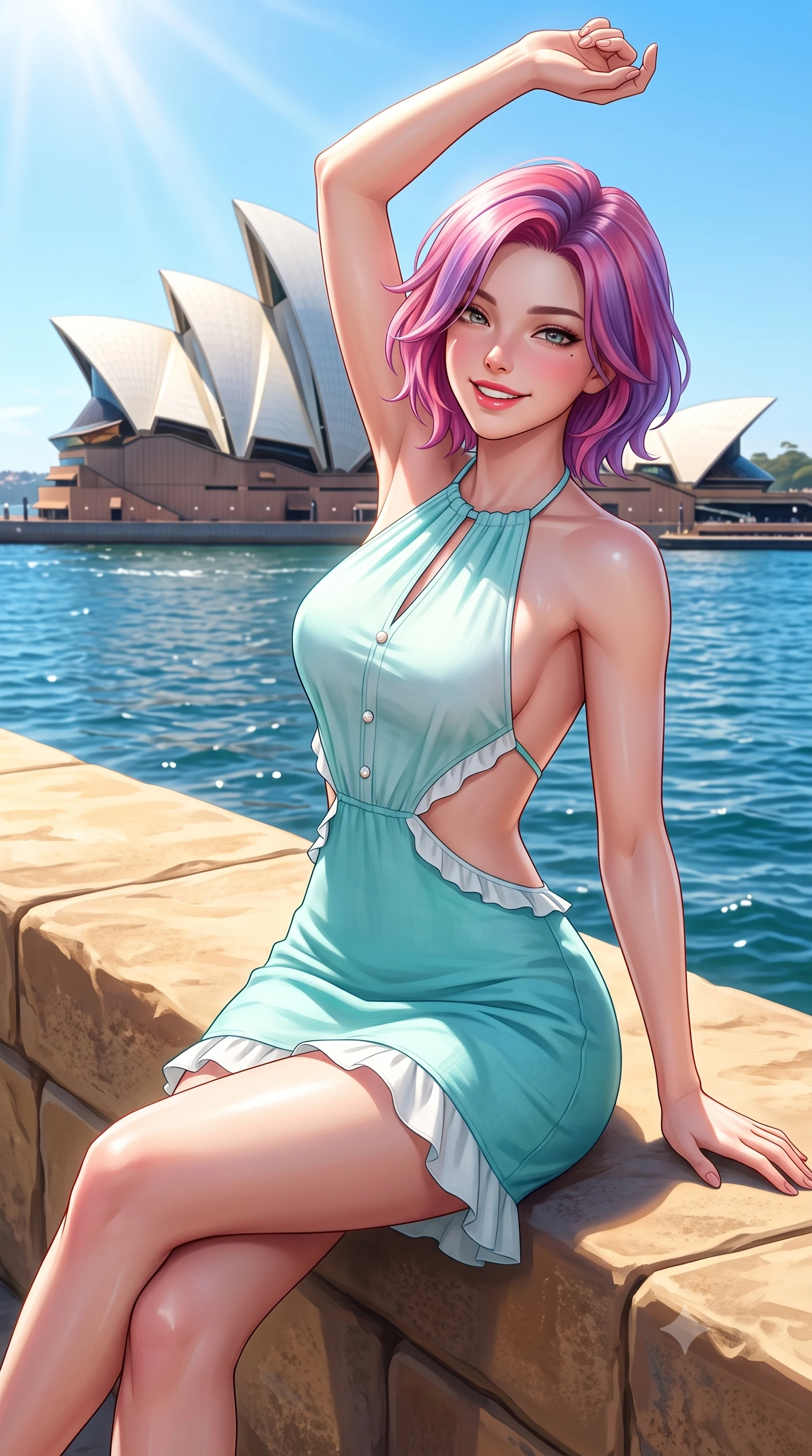 score_9, masterpiece, best quality, ultra-detailed, high-budget anime keyframe, semi-realistic 3D game render, editorial fashion photography, tasteful artistic composition, Caucasian woman. close-up cowboy shot from the waist and thighs up, the character dominates the composition, filling the frame with her large presence. playfully stretching one arm overhead toward the sun, her radiant smile capturing fresh girlhood charm while her arched torso reveals an intoxicating hip contour while sitting perched on the sunlit sandstone seawall with legs crossed, her toned flat midriff and curvy hips glowing in the radiant Australian sun. The surrounding environment is rendered in vivid detail and crisp panoramic clarity. sharp sandstone seawall textures, Opera House ceramic tile clarity, and harbour water ripple caustics in deep focus. She has an exceptionally elegant, slender, and willowy female figure with an ultra-slim waist, flat toned midriff, narrow ribcage, and sculpted feminine hips creating an alluring, slim hourglass silhouette without bulk. sharp v-shaped jawline, high-bridge nose, intricate jewel-like sparkling eyes with depth, thick eyelashes, glossy parted lips with a natural peach sheen, bright cheerful beaming smile with an enchanting and coquettish sensual glint, exuding both youthful cute charm and seductive allure, flawlessly proportioned anatomical accuracy, strict slender model proportions, natural body alignment, perfectly sculpted long slender limbs, ultra-slim waistline, clean dynamic posture without body distortion. wearing a backless pastel halter sundress with side-waist diamond cutouts and an ultra-fitted hip-hugging silhouette in ocean turquoise and sea-salt white, crafted from soft breathable linen with effortless natural drape, finished with subtle ruffle trims and delicate pearl buttons, the form-fitting cut adhering flawlessly to her sculpted flat midriff and slender torso, emphasizing her long leg lines and perfectly proportioned willowy build. illuminated by intense specular sea reflections sharply carving her razor-sharp jawline, narrow waist, and curvy hips. highly saturated vibrant anime colors, detailed shading with soft gradients, rich glossy textures, high-contrast stereoscopic depth, volumetric dynamic lighting, master piece, 9:16 ratio