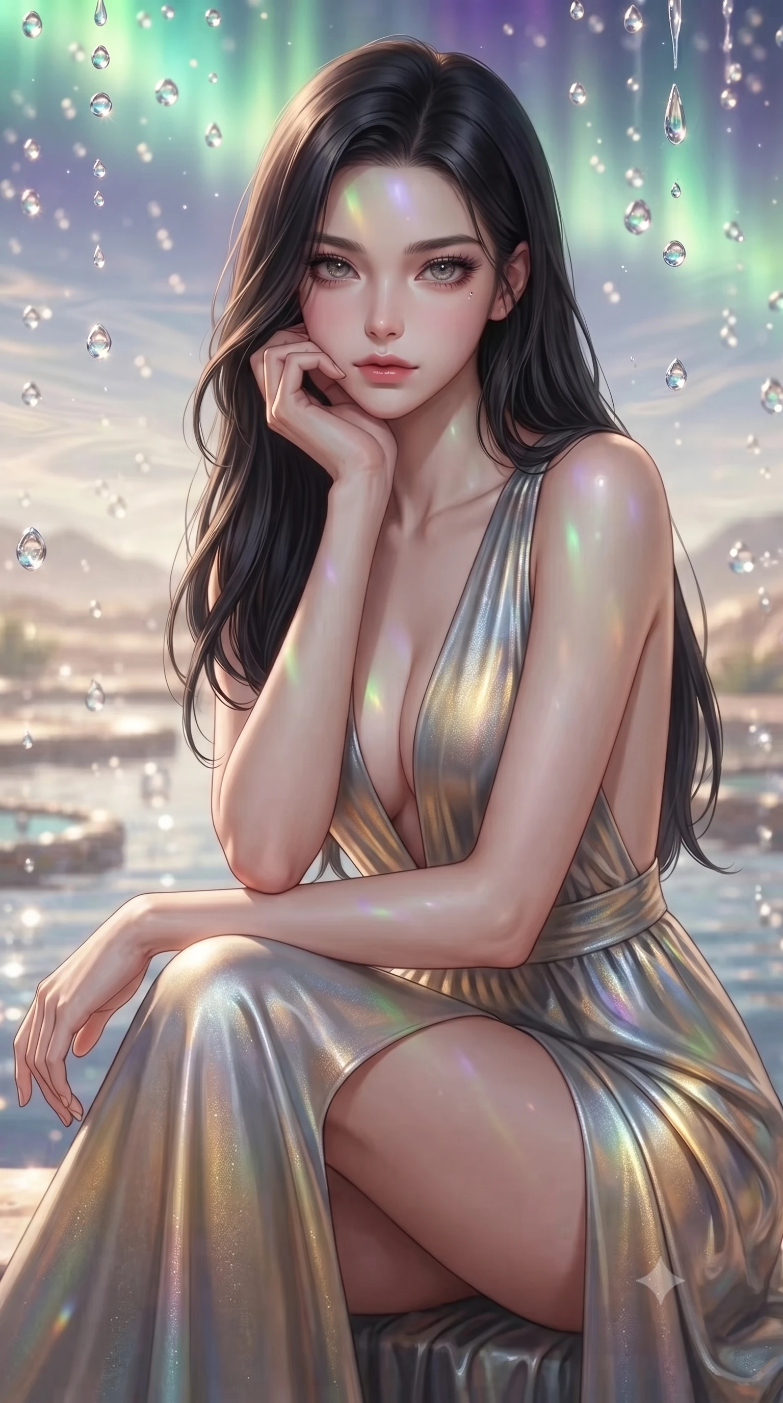 score_9, masterpiece, best quality, ultra-detailed, high-budget anime keyframe, editorial fashion photography, tasteful artistic composition, Korean woman. close-up cowboy shot from the waist and thighs up, the character dominates the composition, filling the frame with her large presence, background elements kept in soft focus. Resting her chin on the backs of her fingers in a confident pose. set against a soft-focus background of a shimmering impossible garden appearing in desert heat haze where crystallized water droplets hang frozen like diamonds in the air above oasis pools reflecting a sky that ripples with thermal distortion. She has an exceptionally elegant and slender, willowy female figure with an ultra-slim waist, a gracefully sculpted slender torso, and a refined slim physique. sharp v-shaped jawline, high-bridge nose, intricate jewel-like eyes with depth, thick eyelashes, glossy lips with a natural sheen. wearing a deep plunging-V neck maxi dress in a liquid silver and gold gradient, featuring a bold open-back and a daring high slit. illuminated by a shifting aurora palette of green violet and gold from above. 2k, ultra detail, master piece, 9:16 ratio