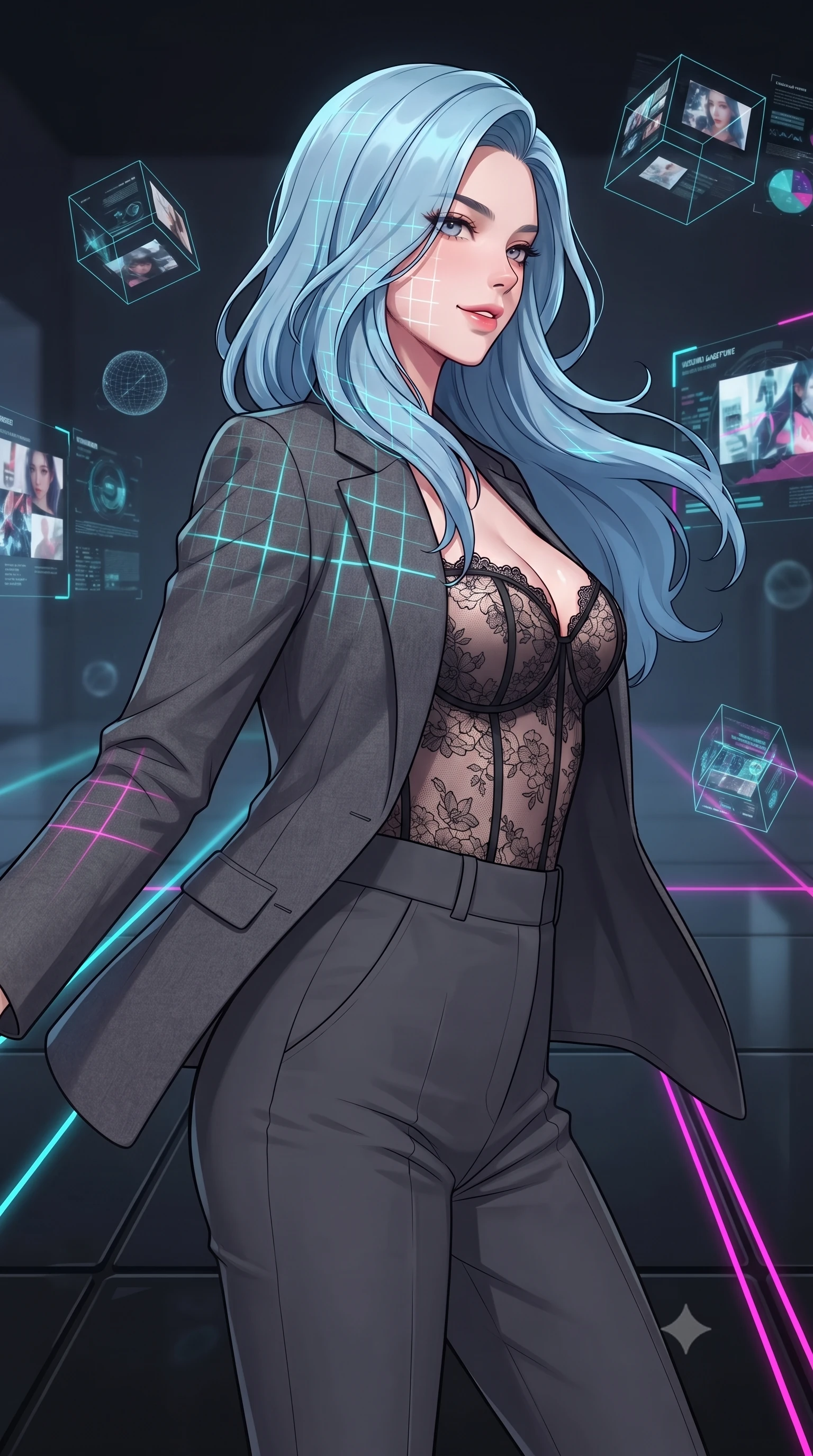 score_9, masterpiece, best quality, ultra-detailed, high-budget anime keyframe, gorgeous anime illustration, artistic 2d flat cel-shaded style, Korean woman. close-up cowboy shot from the waist and thighs up, the character dominates the composition, filling the frame with her large presence, background elements kept in soft focus. Glancing sidelong over her shoulder with a smoldering half-smile. set against a soft-focus background of inside a dark room filled with floating, rotating holographic wireframe cubes containing digital memories, laser lines tracing data paths across the glossy black floor. She has an exceptionally elegant and slender, willowy female figure with an ultra-slim waist, a gracefully sculpted slender torso, and a refined slim physique. sharp v-shaped jawline, high-bridge nose, intricate jewel-like eyes with depth, thick eyelashes, glossy lips with a natural sheen. wearing a tailored grey wool blazer over a sheer black lace corset top, paired with charcoal tailored slacks. sharp neon cyan and magenta lines of light from the holograms casting grid-like high-contrast highlights on the character. 2k, ultra detail, master piece, 9:16 ratio, vibrant anime color palette, flat color shading, 2d animation style