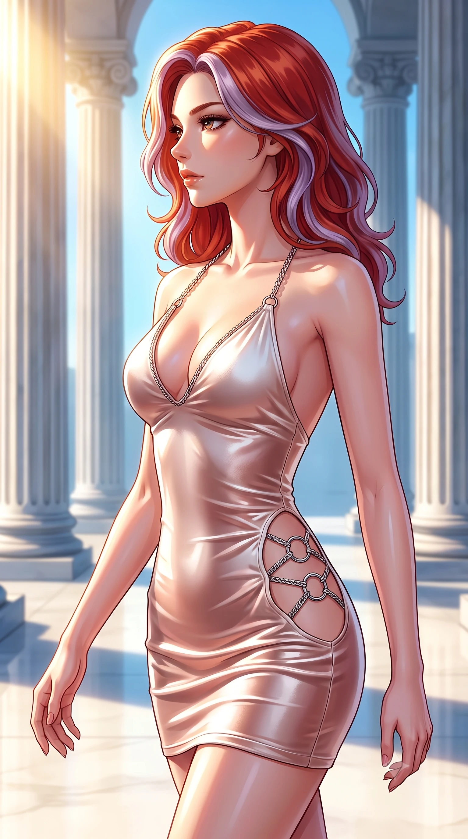score_9, masterpiece, best quality, ultra-detailed, high-budget anime keyframe, editorial fashion photography, tasteful artistic composition, Caucasian woman. close-up cowboy shot from the waist and thighs up, the character dominates the composition, filling the frame with her large presence, background elements kept in soft focus. Turning her face in sharp dramatic profile against the bright light, showcasing her sharp v-shaped jawline walking across a polished ivory courtyard flanked by tall Ionic columns, crisp architectural shadow lines cast by tall marble columns. She has an exceptionally elegant, slender, and willowy female figure with an ultra-slim waist, a gracefully sculpted slender torso, and a refined silhouette. sharp v-shaped jawline, high-bridge nose, intricate jewel-like eyes with depth, thick eyelashes, glossy lips with a natural sheen. wearing a deep-scoop halter bodycon dress with hip cutouts connected by silver rings in pearl white and rose gold, made of premium stretch velvet with a rich sheen, adorned with delicate metallic chain straps along the neckline, the glove-like fit emphasizing her statuesque silhouette. bathed in brilliant golden sunbeams and crisp sky blue ambient light. highly saturated vibrant anime colors, detailed shading with soft gradients, rich glossy textures, high-contrast stereoscopic depth, volumetric dynamic lighting, master piece, 9:16 ratio