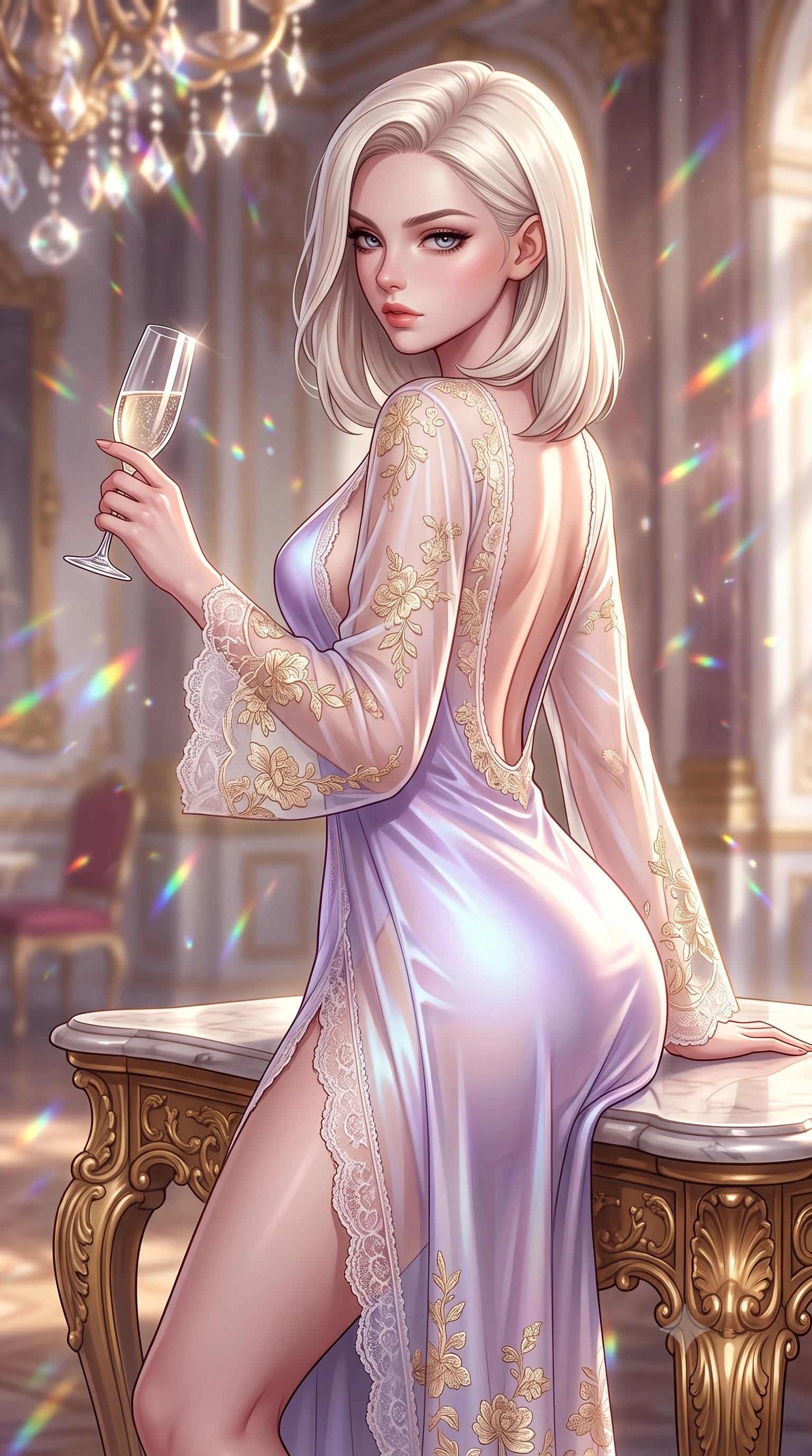 score_9, masterpiece, best quality, ultra-detailed, high-budget anime keyframe, semi-realistic 3D game render, editorial fashion photography, tasteful artistic composition, Caucasian woman. close-up cowboy shot from the waist and thighs up, the character dominates the composition, filling the frame with her large presence. twisting her slender torso in a deep contrapposto stance, hips dramatically shifted to accentuate her feminine curves while looking past her shoulder with smoldering bedroom-eyes while perching on an ornate rococo console table with hips cocked to one side, holding a crystal champagne glass with effortless sovereign allure. The composition keeps background elements in soft focus with creamy bokeh. sparkling chandelier prism refractions scattering dancing rainbow light motes across the hall. She has an exceptionally elegant, slender, and willowy female figure with an ultra-slim waist, a gracefully sculpted slender torso, toned flat midriff, and rounded feminine hips creating an alluring hourglass silhouette. sharp v-shaped jawline, high-bridge nose, intricate jewel-like eyes with depth, thick eyelashes, glossy parted lips with a natural sheen, intensely captivating and seductive bedroom-eyes expression, flawlessly proportioned anatomical accuracy, strict slender model proportions, natural body alignment, perfectly sculpted long slender limbs, ultra-slim waistline, clean dynamic posture without body distortion. wearing a delicate sheer lace-trimmed boudoir robe worn over a form-contouring silk slip with high leg cut in pearlescent opal with soft violet luster, made of liquid silk jersey adhering flawlessly to her slender build, finished with delicate golden floral embroidery outlining the plunging neckline, the precision-cut side openings and low-back scoop framing her graceful spine and the sensual sweep of her hips. surrounded by an aristocratic, scandalous, and breathlessly mesmerizing imperial duchess aura. highly saturated vibrant anime colors, detailed shading with soft gradients, rich glossy textures, high-contrast stereoscopic depth, volumetric dynamic lighting, master piece, 9:16 ratio