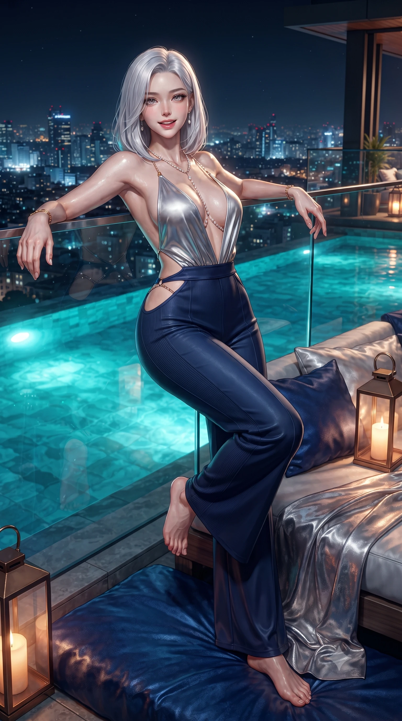score_9, masterpiece, best quality, ultra-detailed, high-budget anime keyframe, editorial fashion photography, tasteful artistic composition, Korean woman. low angle full-body shot from head to toe showing her feet, filling the entire 9:16 vertical frame with her statuesque presence, stretching her vertical silhouette. lounging on the lavish poolside daybed with legs crossed and hips angled toward the camera, displaying her toned midriff and long slender limbs with effortless siren poise while leaning back against the glass pool balustrade with relaxed seductive grace, the glittering skyline of skyscrapers stretching out endlessly behind her. The surrounding environment is rendered in vivid detail and crisp panoramic clarity: detailed wet fabric cling texture, subtle gold jewelry glints, and ultra-modern penthouse architecture in razor-sharp precision. She has an absolutely perfect, statuesque 8.5-heads proportion, an exceptionally tall and slender model-like female figure with impossibly long slender legs, an ultra-slim waist, a flat toned midriff, narrow delicate ribcage, and beautifully sculpted feminine hips creating a graceful, slim hourglass silhouette without any bulky heaviness. sharp v-shaped jawline, high-bridge nose, sparkling eyes with hypnotic seductive depth, thick curled eyelashes, glossy parted lips with a natural dewy peach sheen, alluring bedroom-eyes with an enchanting coquettish smile, exuding magnetic siren charisma and sophisticated high-fashion glamour, flawlessly proportioned anatomical accuracy, strict slender model proportions, natural body alignment, perfectly sculpted long slender limbs, ultra-slim waistline, clean dynamic posture without body distortion. wearing a backless plunge-front silk satin jumpsuit with fluid wide-leg silhouette and side hip cutouts in molten liquid silver and deep sapphire navy, tailored from fine ribbed modal knit with gentle elastic contouring and soft hand-feel, accented with a pearl-drop body harness subtly framing her dewy collarbones and spine, the second-skin tailored fabric adhering flawlessly to her sculpted flat midriff and slender torso, emphasizing her long leg lines and perfectly proportioned willowy build. bathed in luminous turquoise underwater pool illumination paired with warm amber lantern glow. ultra-reflective glossy finish, specular highlights, rich textural contrasts, high-contrast stereoscopic depth, volumetric dynamic lighting, 2k, ultra detail, master piece, 9:16 ratio