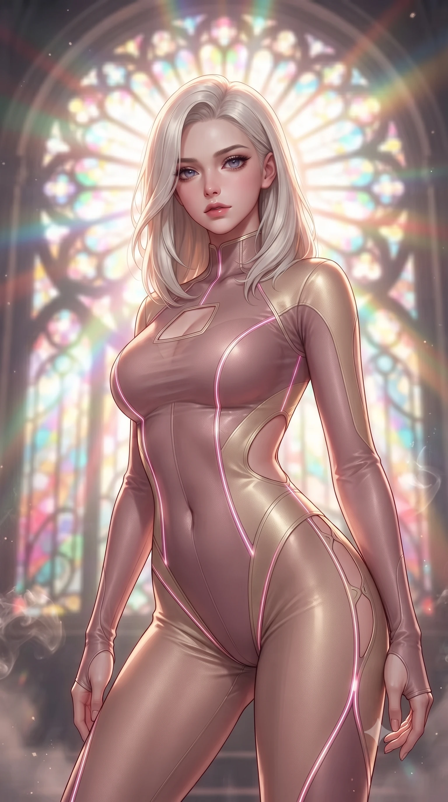 score_9, masterpiece, best quality, ultra-detailed, high-budget anime keyframe, editorial fashion photography, tasteful artistic composition, Caucasian woman. close-up cowboy shot from the waist and thighs up, the character dominates the composition, filling the frame with her large presence, background elements kept in soft focus. Leaning slightly forward with a composed, seductive gaze under soft glowing light standing before a monumental Art Nouveau stained glass rose window, floating glass dust and incense smoke scattering colorful light beams. She has an exceptionally elegant, slender, and willowy female figure with an ultra-slim waist, a gracefully sculpted slender torso, and a refined silhouette. sharp v-shaped jawline, high-bridge nose, intricate jewel-like eyes with depth, thick eyelashes, glossy lips with a natural sheen. wearing a skin-tight cybernetic bodysuit with glowing neon seams and side cutouts in dusty rose and champagne gold, woven from fine semi-opaque sheer organza, accented with a Tasteful chest slit framing her clavicle gracefully, the glove-like fit emphasizing her statuesque silhouette. lit by bright sunbursts creating vivid, saturated color projections. highly saturated vibrant anime colors, detailed shading with soft gradients, rich glossy textures, high-contrast stereoscopic depth, volumetric dynamic lighting, master piece, 9:16 ratio