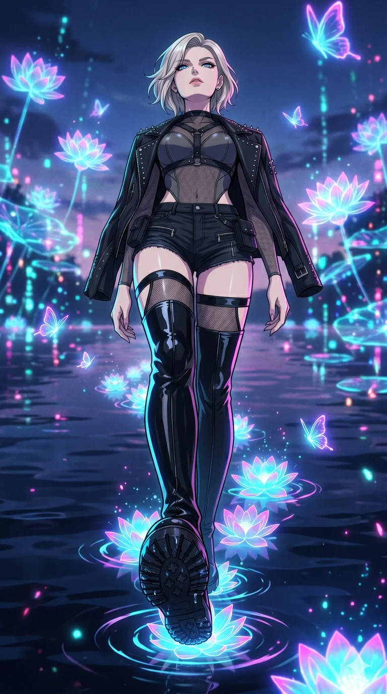 score_9, masterpiece, best quality, ultra-detailed, High-budget Anime Keyframe, vibrant colors, fluid line-art, expressive lighting, cinematic composition, Ufotable-style visual effects, top-tier animation quality, Caucasian woman with pale skin and refined features. Low angle cowboy shot filling the entire 9:16 frame with her statuesque presence, looking up to emphasize her height. Creating a path of glowing lotus flowers with every step across a dark lake. She has an absolutely perfect 8-heads proportion, an exceptionally tall and slender female figure with impossibly long slender legs and an ultra-slim waist, her statuesque height and towering silhouette dominating the vertical 9:16 frame. Her face is a masterpiece featuring a sharp v-shaped jawline, high-bridge nose, intricate jewel-like eyes with depth, thick eyelashes, and glossy lips with a natural sheen. She is wearing a Leather harness over a mesh bodysuit with zip-up micro-shorts and tactical belts, studded biker jacket draped over shoulders, and thigh-high patent leather boots, featuring strategic side cut-outs.. The scene is set in a digital garden filled with holographic lotus flowers and neon butterflies. 2k, ultra detail, master piece, 9:16 ratio