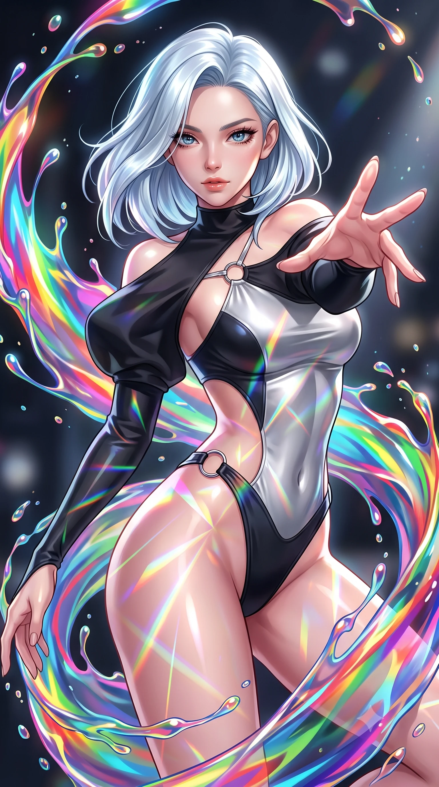 score_9, masterpiece, best quality, ultra-detailed, high-budget anime keyframe, editorial fashion photography, tasteful artistic composition, Korean woman. close-up cowboy shot from the waist and thighs up, the character dominates the composition, filling the frame with her large presence, background elements kept in soft focus. Reaching her hand gracefully toward the camera with magnetic allure, her torso turning in a dynamic S-curve alignment while performing a dynamic mid-air rotation amidst swirling rainbow liquid acrylic splashes, a kaleidoscope of refractions forming geometric laser patterns across her form. She has an exceptionally elegant, slender, and willowy female figure with an ultra-slim waist, a gracefully sculpted slender torso, and a refined silhouette. sharp v-shaped jawline, high-bridge nose, intricate jewel-like eyes with depth, thick eyelashes, glossy lips with a natural sheen, flawlessly proportioned anatomical accuracy, natural body alignment, perfectly sculpted elegant limbs, clean dynamic posture without body distortion. wearing an asymmetrical high-cut tech-bodysuit with detached sleeves in matte black and polished silver, crafted from smooth liquid silk, accented with delicate chrome ring hardware framing her waist, the glove-like fit emphasizing her statuesque silhouette during motion. illuminated by high-contrast studio spotlights with ultra-bright specular highlights. highly saturated vibrant anime colors, detailed shading with soft gradients, rich glossy textures, high-contrast stereoscopic depth, volumetric dynamic lighting, master piece, 9:16 ratio