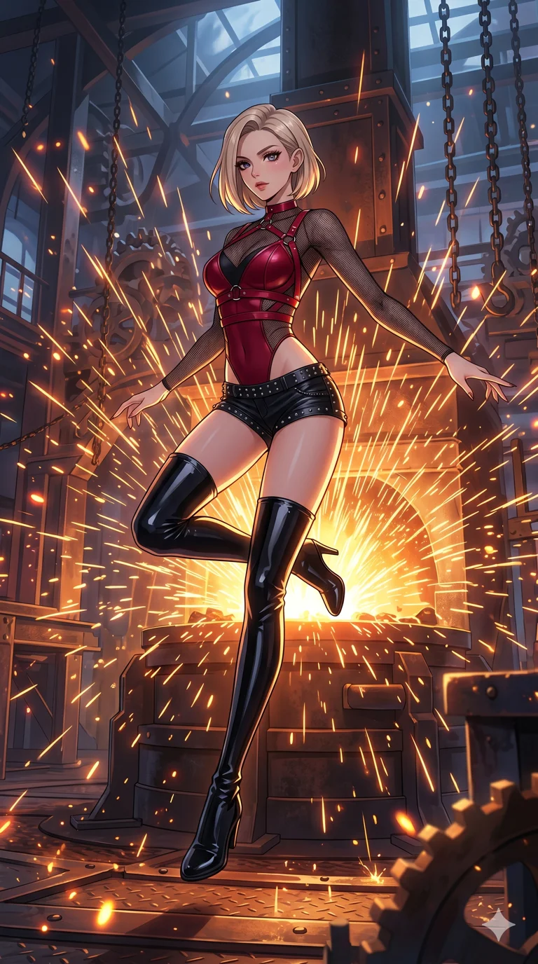 score_9, masterpiece, best quality, ultra-detailed, High-budget Anime Keyframe, beautiful Caucasian anime girl (strictly human ears). Dynamic full-body shot stretching the vertical silhouette with her statuesque presence. Leaping through a shower of sparks from a giant blacksmith's forge in an industrial palace. She has an absolutely perfect 8-heads proportion, an exceptionally tall and slender female figure with impossibly long slender legs and an ultra-slim waist. Sharp v-shaped jawline, high-bridge nose, intricate jewel-like eyes with depth, thick eyelashes, glossy lips with a natural sheen. Wearing a K-Idol Stage outfit: ruby leather harness over mesh, high-cut bodysuit, studded micro-shorts, thigh-high patent boots. Background is a bright and colorful environment with cinematic lighting, dynamic particle effects, and high-contrast shadows. 2k, ultra detail, master piece, 9:16 ratio