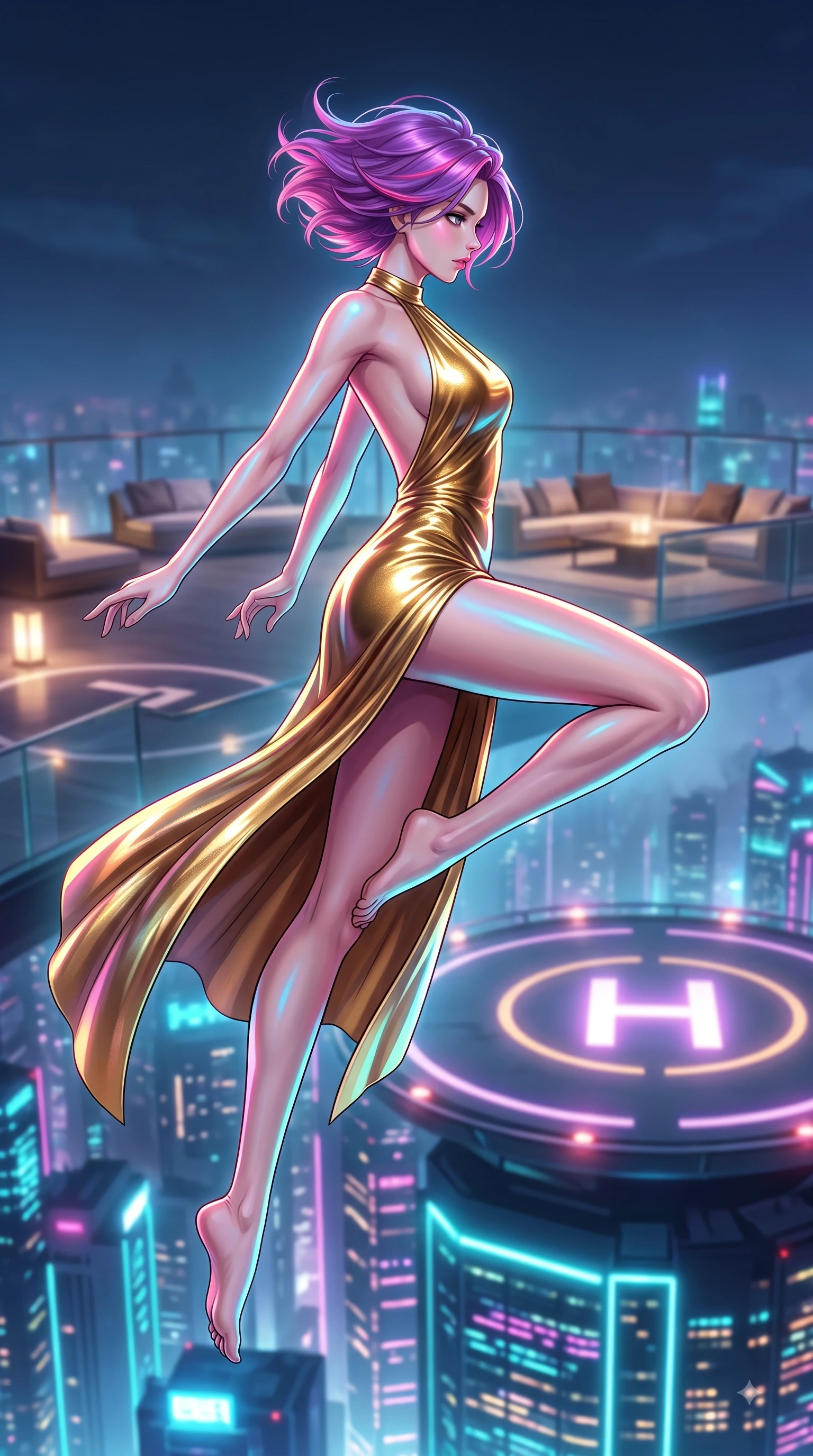 score_9, masterpiece, best quality, ultra-detailed, high-budget anime keyframe, editorial fashion photography, tasteful artistic composition, Caucasian woman woman. low angle full-body shot from head to toe showing her feet, filling the entire 9:16 vertical frame with her statuesque presence, stretching her vertical silhouette. She has an absolutely perfect, statuesque 8.5-heads proportion, an exceptionally tall and slender model-like female figure with impossibly long slender legs and an ultra-slim waist. leaping inside the glowing space with athletic poise, her hair swirling in a dynamic wind vortex, flawlessly proportioned anatomical accuracy, natural body alignment, perfectly sculpted elegant limbs, clean dynamic posture without body distortion. set against a soft-focus background of a penthouse helipad lounge overlooking a misty neon skyline. wearing a backless metallic gold halter gown with a daring high side slit to mid-thigh. bathed in vibrant city skyline night lights casting sleek specular reflections. highly saturated vibrant anime colors, detailed shading with soft gradients, rich glossy textures, high-contrast stereoscopic depth, volumetric dynamic lighting, master piece, 9:16 ratio
