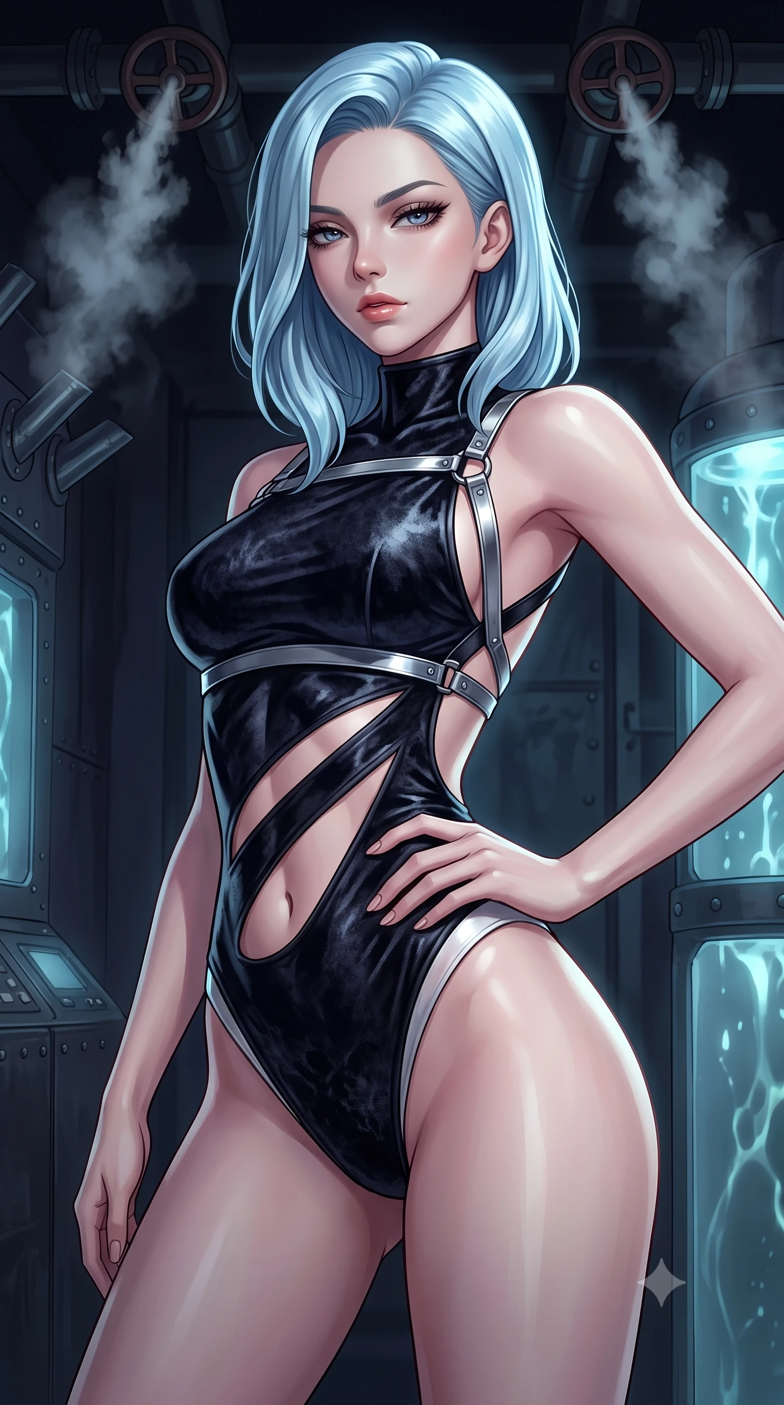 score_9, masterpiece, best quality, ultra-detailed, high-budget anime keyframe, semi-realistic 3D game render, editorial fashion photography, tasteful artistic composition, Korean woman. close-up cowboy shot from the waist and thighs up, the character dominates the composition, filling the frame with her large presence. twisting her upper body in a dynamic S-curve with an alluring smolder, one hand resting on her hip while gazing through heavy lashes with haughty, seductive disdain while stretching her slender torso in an alluring back-arch as steam hisses from overhead valves in the shadowy room. The surrounding environment is rendered in vivid detail and crisp panoramic clarity. sharp steam vent nozzles, riveted iron plates, and glowing fluid caustics in high clarity. She has an exceptionally elegant, slender, and willowy female figure with an ultra-slim waist, a gracefully sculpted slender torso, toned flat midriff, and a refined slim silhouette. sharp v-shaped jawline, high-bridge nose, intricate jewel-like eyes with depth, thick eyelashes, glossy lips with a natural sheen, flawlessly proportioned anatomical accuracy, strict slender model proportions, natural body alignment, perfectly sculpted long slender limbs, ultra-slim waistline, clean dynamic posture without body distortion. wearing a skin-tight cyber-noir tech bodysuit featuring diagonal slitted cutouts on the midriff, a high-cut leg line, and a metallic chrome harness in dark monochrome black and high-contrast pale skin accents, made of rich crushed velvet that catches deep directional light with soft gradients, complemented by criss-cross back straps highlighting her completely bare spine, the glove-like aerodynamic second-skin fit tightly clinging to her ultra-slender waist and athletic curves without adding bulk, accentuating her razor-sharp statuesque lines and slim hourglass silhouette. surrounded by a mysterious, forbidden, and captivatingly dangerous dark-science atmosphere. rich saturated anime colors with deep moody shadows, detailed chiaroscuro shading with soft gradients, rich glossy textures, high-contrast stereoscopic depth, volumetric dynamic shadow lighting, master piece, 9:16 ratio