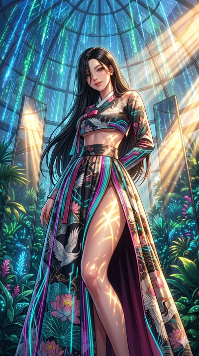 score_9, masterpiece, best quality, ultra-detailed, high-budget anime keyframe, editorial fashion photography, tasteful artistic composition, Korean woman. cowboy shot from the thighs up, character and outfit filling the frame for maximum editorial p
