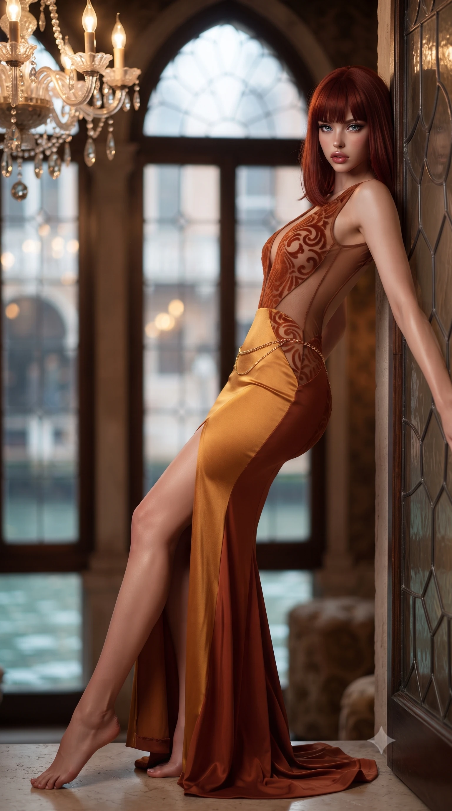score_9, masterpiece, best quality, ultra-detailed, high-budget anime keyframe, editorial fashion photography, tasteful artistic composition, Caucasian woman. low angle full-body shot from head to toe showing her feet, filling the entire 9:16 vertical frame with her statuesque presence, stretching her vertical silhouette. leaning deep against the structural architecture with hips cocked in an unapologetically bold, seductive high-fashion stance while reclining languidly on a velvet armchair in the private showroom, her long slender legs and narrow waist highlighted by crystal glass refractions. The composition keeps background elements in soft focus with creamy bokeh. canal water ripples visible through vintage leaded glass panes softened in artisan Venetian shallow focus. She has an exceptionally tall and slender model-like 8.5-heads proportion, an ultra-slim waist, a flat toned midriff, narrow delicate ribcage, and beautifully sculpted feminine hips creating a graceful, slim hourglass silhouette without any bulky heaviness, with impossibly long slender legs. sharp v-shaped jawline, high-bridge nose, intricate jewel-like eyes with depth, thick eyelashes, glossy parted lips with a natural sheen, intensely captivating and seductive bedroom-eyes expression, flawlessly proportioned anatomical accuracy, strict slender model proportions, natural body alignment, perfectly sculpted long slender limbs, ultra-slim waistline, clean dynamic posture without body distortion. wearing a liquid-silk jersey evening gown with an ultra-deep plunging open back descending to the base of her spine and a sculpted hip-hugging skirt in molten desert gold and burnt terracotta, made of sheer contouring power-mesh with velvet flocking patterns, accented with a delicate gold chain belt resting loosely on her curvy hips, the dramatically scooped open back descending to the base of her spine, accentuating her razor-sharp statuesque lines and slim hourglass silhouette. bathed in warm glowing furnace firelight contrasting with cool blue canal water bounce through arched windows. ultra-reflective glossy finish, specular highlights, rich textural contrasts, high-contrast stereoscopic depth, volumetric dynamic lighting, 2k, ultra detail, master piece, 9:16 ratio