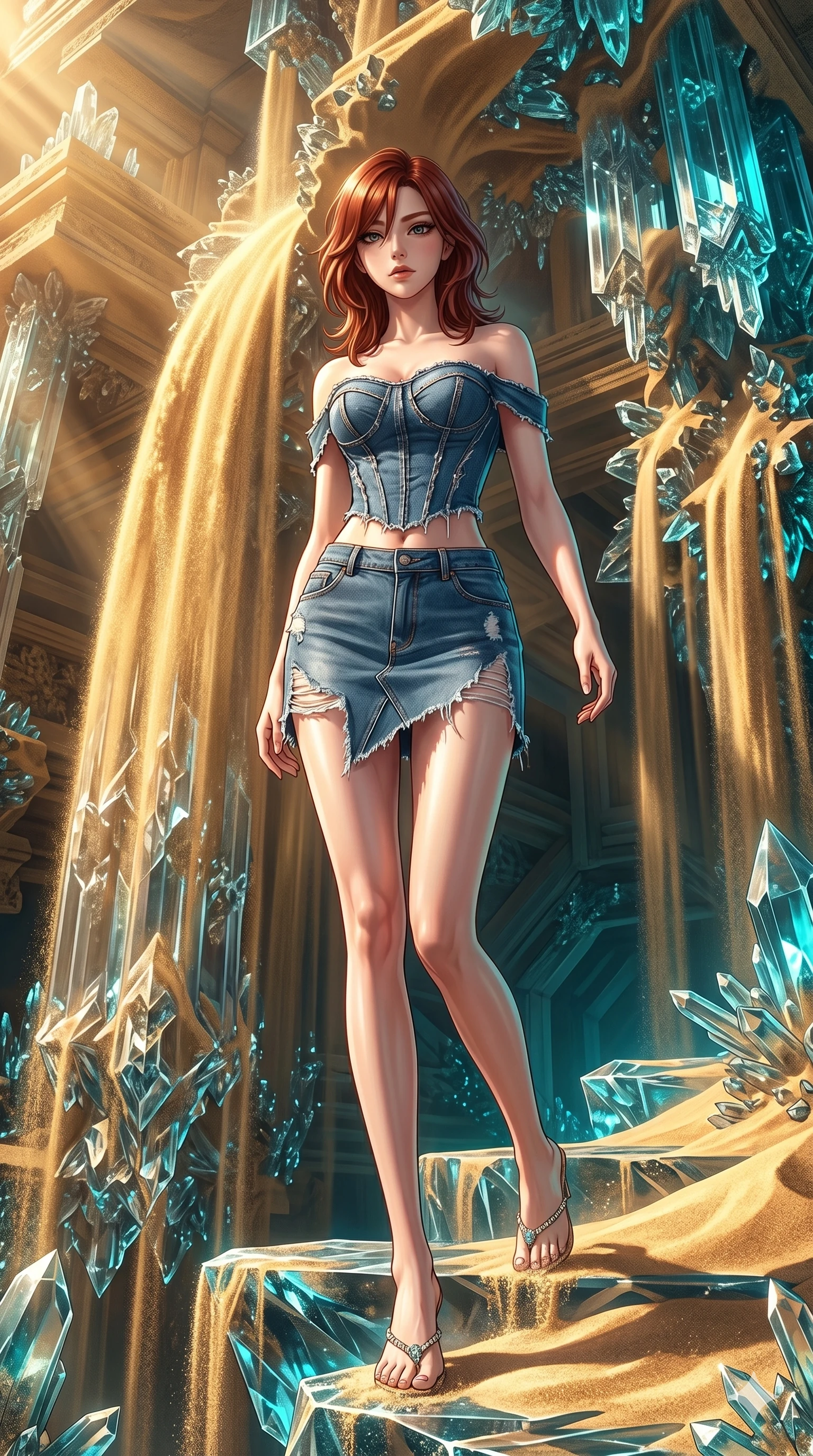 score_9, masterpiece, best quality, ultra-detailed, high-budget anime keyframe, Japanese woman. low angle full-body shot filling the entire 9:16 frame with her statuesque presence, stretching the vertical silhouette. descending through a fractal quicksand temple where golden sand waterfalls transform into glass crystals, artistic intricate repeating patterns. She has an absolutely perfect 8-heads proportion, an exceptionally tall and slender female figure with impossibly long slender legs and an ultra-slim waist. V-shaped jawline, high-bridge nose, intricate jewel-like eyes with depth, thick eyelashes, glossy lips with a natural sheen.. wearing a deconstructed denim corset and an asymmetric ripped denim structured mini skirt, showcasing a rugged yet chic off-shoulder style. showcasing a beautiful play of light and shadow, with warm golden rays clashing against cool cyan highlights. 2k, ultra detail, master piece, 9:16 ratio