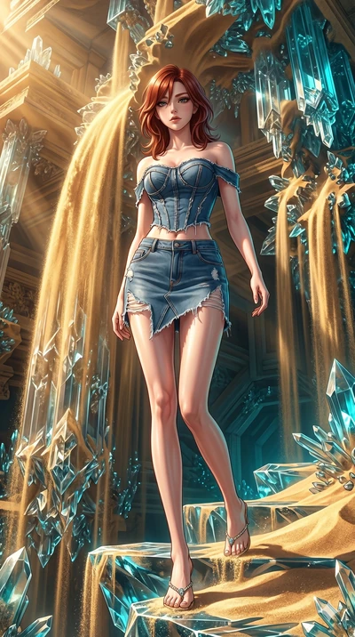 score_9, masterpiece, best quality, ultra-detailed, high-budget anime keyframe, Japanese woman. low angle full-body shot filling the entire 9:16 frame with her statuesque presence, stretching the vertical silhouette. descending through a fractal quic