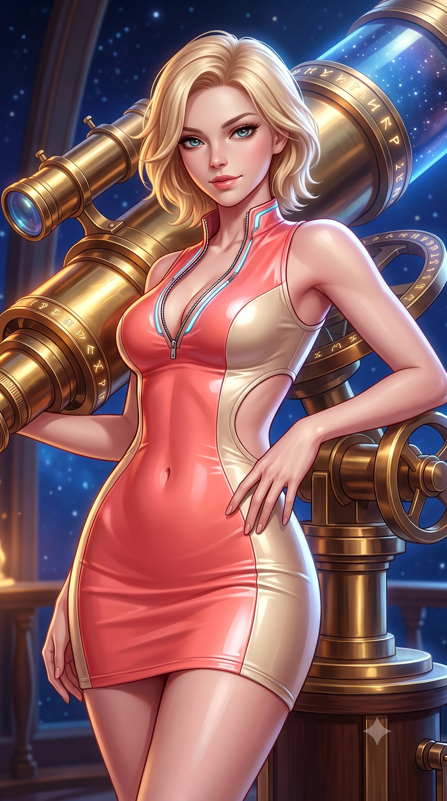 score_9, masterpiece, best quality, ultra-detailed, high-budget anime keyframe, semi-realistic 3D game render, editorial fashion photography, tasteful artistic composition, Caucasian woman. close-up cowboy shot from the waist and thighs up, the character dominates the composition, filling the frame with her large presence. twisting her upper body in a dynamic S-curve with an alluring smolder, one hand trailing along her slender waist while leaning against a massive brass celestial telescope with an intelligent, seductive smile looking into the lens. The surrounding environment is rendered in vivid detail and crisp panoramic clarity. rich chiaroscuro lighting and classic Renaissance-futuristic observatory design in panoramic precision. She has an exceptionally elegant, slender, and willowy female figure with an ultra-slim waist, a gracefully sculpted slender torso, toned flat midriff, and a refined slim silhouette. sharp v-shaped jawline, high-bridge nose, intricate jewel-like eyes with depth, thick eyelashes, glossy lips with a natural sheen, flawlessly proportioned anatomical accuracy, strict slender model proportions, natural body alignment, perfectly sculpted long slender limbs, ultra-slim waistline, clean dynamic posture without body distortion. wearing a second-skin fashion-latex mini dress with a clean architectural front, featuring an open-back design that wraps around the sides of her waist, showcasing her slender silhouette in radiant coral pink and champagne ivory, made of liquid metal jersey that clings flawlessly to every contour of her build, featuring a dangerously unzipped neckline framed by glowing cybernetic accents, the sleek second-skin cut tightly hugging her graceful clavicle, narrow waist, and feminine curves with athletic precision. bathed in warm golden brass reflections and radiant sapphire starlight ambient fill. highly saturated vibrant anime colors, detailed shading with soft gradients, rich glossy textures, high-contrast stereoscopic depth, volumetric dynamic lighting, master piece, 9:16 ratio
