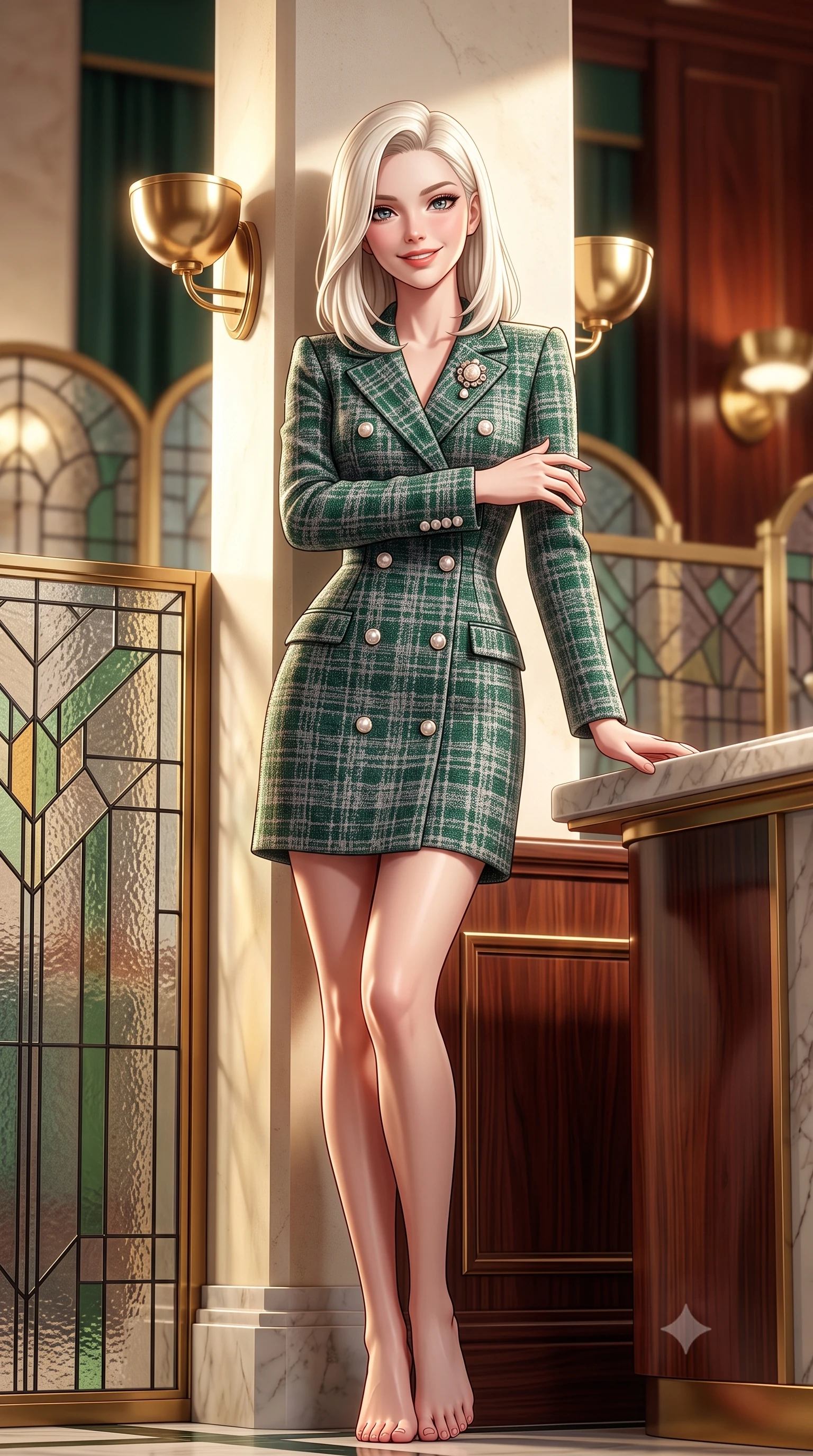 score_9, masterpiece, best quality, ultra-detailed, high-budget anime keyframe, semi-realistic 3D game render, editorial fashion photography, tasteful artistic composition, Caucasian woman. low angle full-body shot from head to toe showing her feet, filling the entire 9:16 vertical frame with her statuesque presence, stretching her vertical silhouette. leaning lightly against the sunlit architectural column with arms crossed loosely, flashing a warm, confident smile while standing beside the geometric stained-glass partition, one hand resting on the marble counter with chic modern-retro poise. The background shows a soft-focus curved brass Art Deco light sconces, geometric leaded glass screens, and polished rosewood walls blurred into emerald, brass, and rosewood bokeh. She has an exceptionally tall and slender model-like 8.5-heads proportion, an ultra-slim waist, a flat toned midriff, narrow delicate ribcage, and beautifully sculpted feminine hips creating a graceful, slim hourglass silhouette without any bulky heaviness, with impossibly long slender legs. sharp v-shaped jawline, high-bridge nose, intricate jewel-like sparkling eyes with depth, thick eyelashes, glossy parted lips with a natural peach sheen, bright cheerful beaming smile with an enchanting and coquettish sensual glint, exuding both youthful cute charm and seductive allure, flawlessly proportioned anatomical accuracy, strict slender model proportions, natural body alignment, perfectly sculpted long slender limbs, ultra-slim waistline, clean dynamic posture without body distortion. wearing a structured double-breasted tweed dress with notched lapels, long sleeves, and decorative mother-of-pearl buttons in St. Moritz pine forest emerald and heather grey, tailored from heavyweight double-faced wool with clean architectural edges, complemented by an antique baroque pearl brooch pinned tastefully on the lapel, the sharp shoulder tailoring and gently nipped waist framing her slender torso with pristine sartorial perfection. illuminated by rosewood wall and brass reflection bounce with crisp champagne rim lights defining her cheekbones and slender waist. highly saturated vibrant anime colors, detailed shading with soft gradients, rich glossy textures, high-contrast stereoscopic depth, volumetric dynamic lighting, master piece, 9:16 ratio