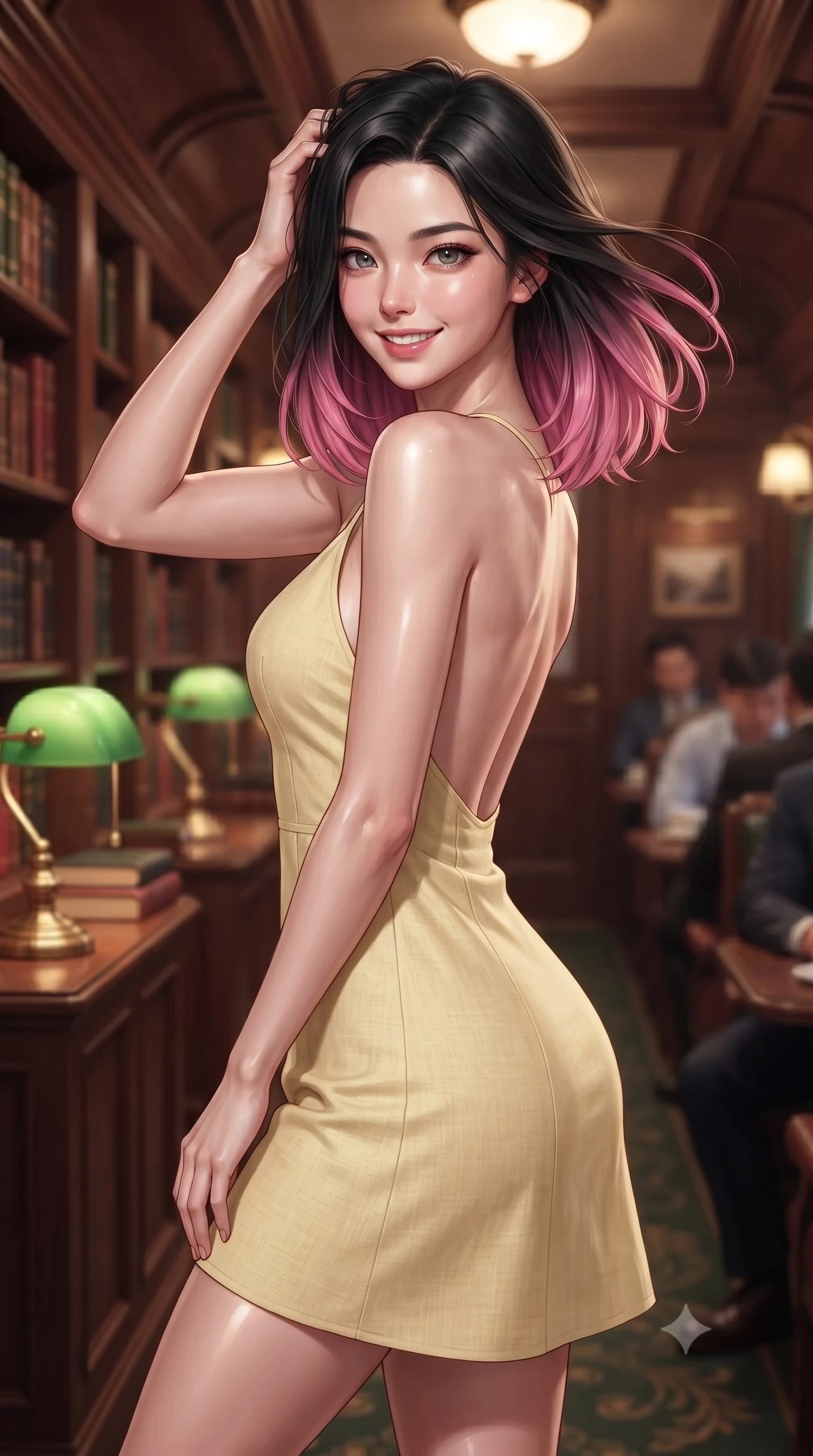 score_9, masterpiece, best quality, ultra-detailed, high-budget anime keyframe, editorial fashion photography, tasteful artistic composition, Korean woman. close-up cowboy shot from the waist and thighs up, the character dominates the composition, filling the frame with her large presence, background elements kept in soft focus. smiling with quiet, magnetic self-assurance directly into the camera, running a hand through her hair the background shows a soft-focus the library car of an exclusive rail liner with wood-lined shelves and green lamps. She has an exceptionally elegant, slender, and willowy female figure with an ultra-slim waist, a gracefully sculpted slender torso, and a refined silhouette. sharp v-shaped jawline, high-bridge nose, intricate jewel-like eyes with depth, thick eyelashes, glossy lips with a natural sheen. wearing a slim-fit backless summer sundress in pale yellow linen, showing her elegant shoulder blades. soft warm glow from the reading lamps creating a quiet and meditative mood. ultra-reflective glossy finish, specular highlights, metallic sheen, high-contrast stereoscopic depth, volumetric dynamic lighting, 2k, ultra detail, master piece, 9:16 ratio