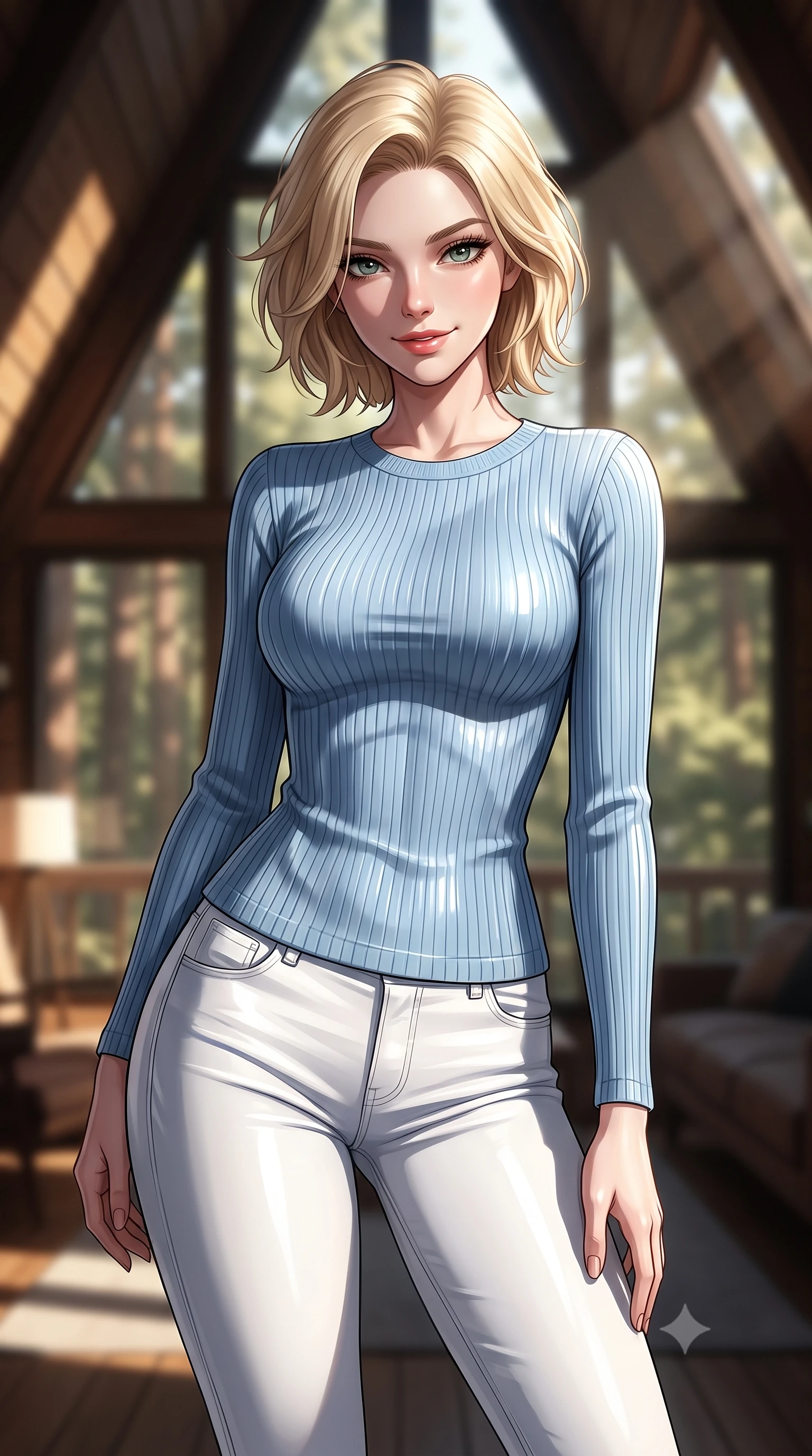 score_9, masterpiece, best quality, ultra-detailed, high-budget anime keyframe, editorial fashion photography, tasteful artistic composition, Caucasian woman. close-up cowboy shot from the waist and thighs up, the character dominates the composition, filling the frame with her large presence, background elements kept in soft focus. leaning slightly forward with a playful, teasing smile, her gaze locked onto the viewer the background shows a soft-focus the interior of an A-frame cabin cabin with large triangular windows showing forest. She has an exceptionally elegant, slender, and willowy female figure with an ultra-slim waist, a gracefully sculpted slender torso, and a refined silhouette. sharp v-shaped jawline, high-bridge nose, intricate jewel-like eyes with depth, thick eyelashes, glossy lips with a natural sheen. wearing a body-hugging body-hugging light blue ribbed long-sleeve top paired with tight white denim pants. stark afternoon sunbeams slicing through a window, creating chiaroscuro shadows. ultra-reflective glossy finish, specular highlights, metallic sheen, high-contrast stereoscopic depth, volumetric dynamic lighting, 2k, ultra detail, master piece, 9:16 ratio