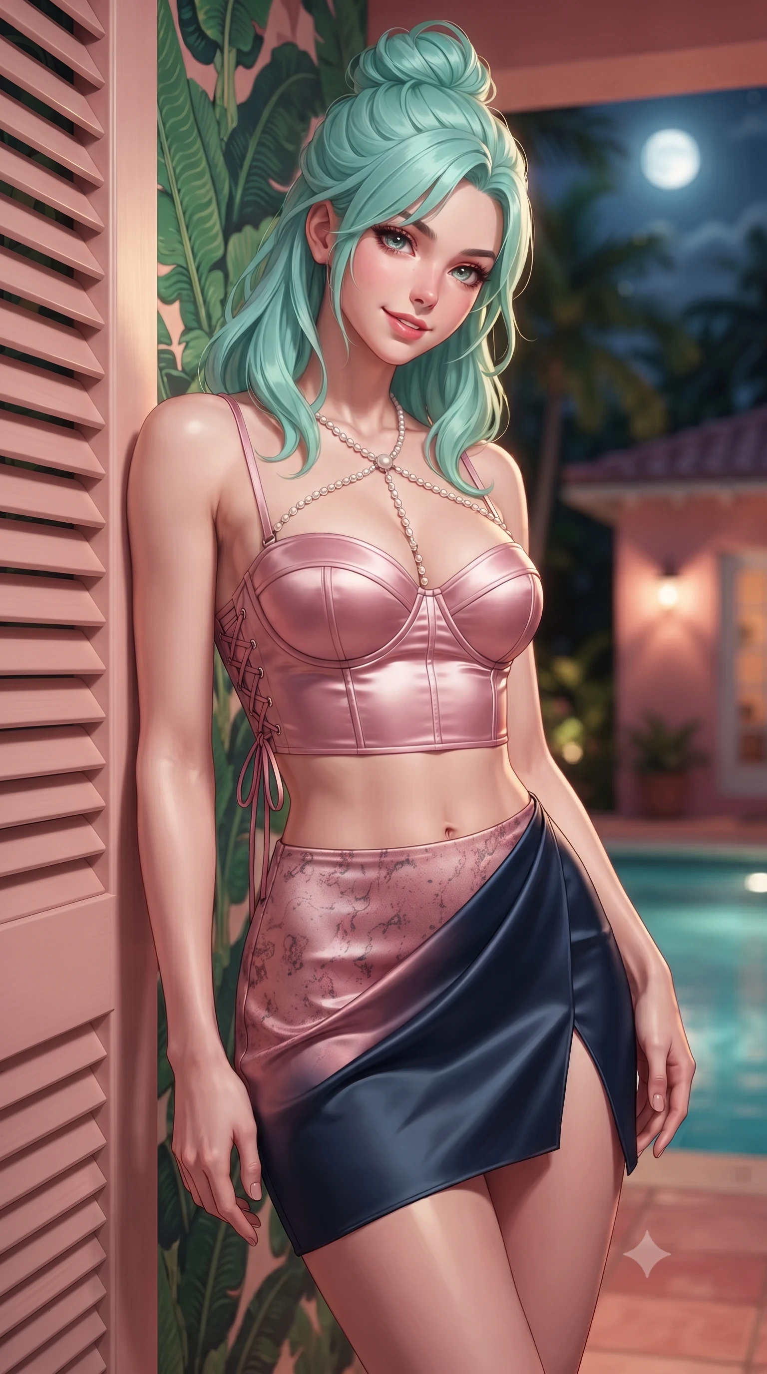 score_9, masterpiece, best quality, ultra-detailed, high-budget anime keyframe, editorial fashion photography, tasteful artistic composition, Japanese woman. close-up cowboy shot from the waist and thighs up, the character dominates the composition, filling the frame with her large presence. tilting her head with a teasing half-smile, running one hand slowly down the side of her hip in a flirtatious S-curve as ambient light caresses her silhouette while leaning against the french louvered lanai door with hips cocked back, looking through hibiscus shadows with smoldering bedroom-eyes. The background shows a soft-focus vibrant emerald banana-leaf wallpaper patterns, pink stucco walls of the historic bungalow, and moonlit private pool through palms blurred into emerald, rose pink, and gold bokeh. She has an exceptionally elegant, slender, and willowy female figure with an ultra-slim waist, flat toned midriff, narrow ribcage, and sculpted feminine hips creating an alluring, slim hourglass silhouette without bulk. sharp v-shaped jawline, high-bridge nose, intricate jewel-like sparkling eyes with depth, thick eyelashes, glossy parted lips with a natural peach sheen, bright cheerful beaming smile with an enchanting and coquettish sensual glint, exuding both youthful cute charm and seductive allure, flawlessly proportioned anatomical accuracy, strict slender model proportions, natural body alignment, perfectly sculpted long slender limbs, ultra-slim waistline, clean dynamic posture without body distortion. wearing a sculpted satin underwire crop bustier with lace-up side ties paired with a micro skirt in Brittany pink granite rose and deep Atlantic navy, crafted from fluid liquid silk satin that clings smoothly to her narrow waist and rounded hips with a dewy sheen, accented with a pearl-drop body harness subtly framing her dewy collarbones and spine, the high-slit wrap tailoring accentuating her ultra-slim waistline and the enchanting curve of her feminine hips with alluring seductive charm. bathed in the warm, flattering 2700K incandescent glow of rattan table lamps and soft garden up-lights. ultra-reflective glossy finish, specular highlights, rich textural contrasts, high-contrast stereoscopic depth, volumetric dynamic lighting, 2k, ultra detail, master piece, 9:16 ratio