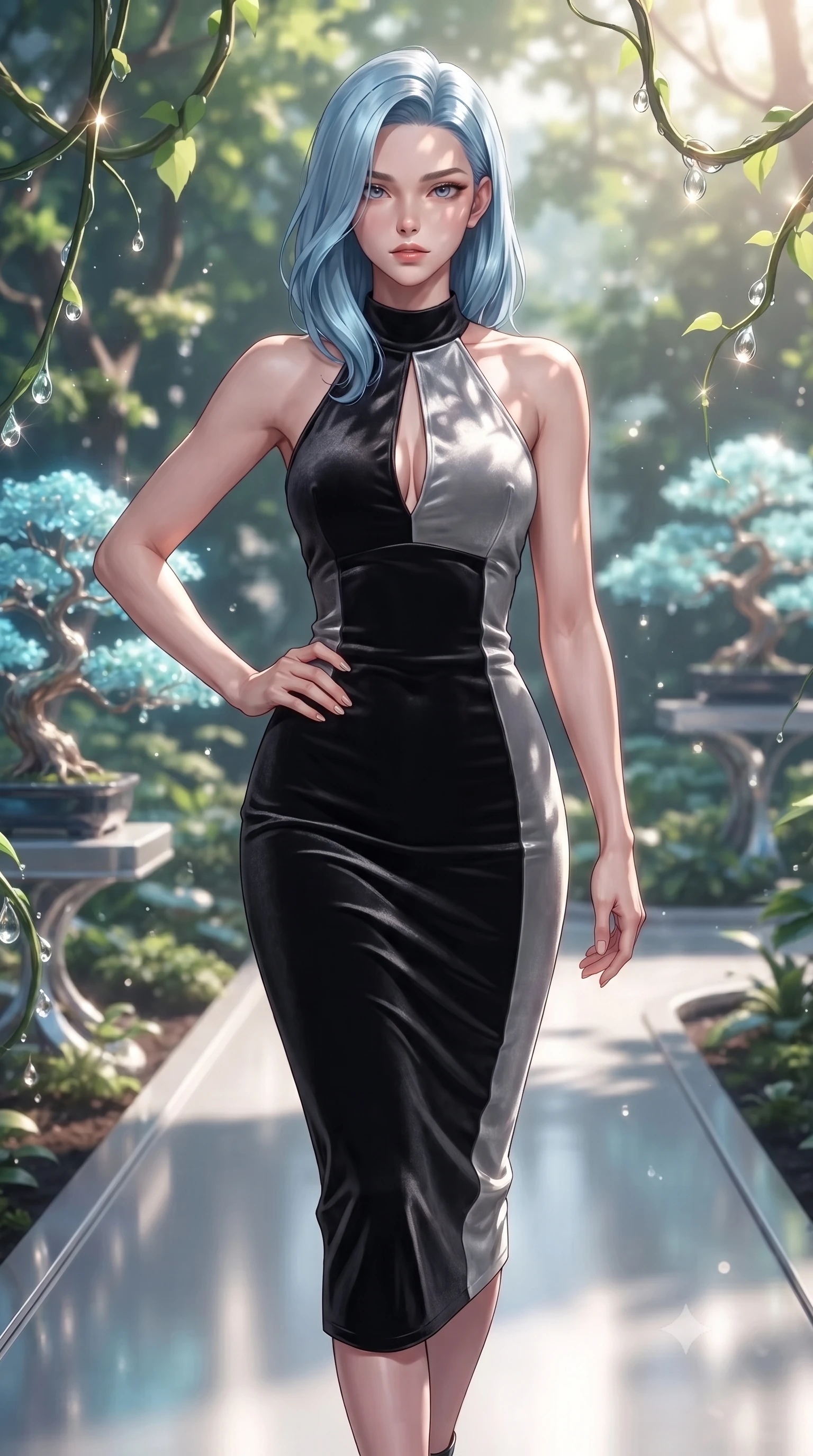 score_9, masterpiece, best quality, ultra-detailed, high-budget anime keyframe, editorial fashion photography, tasteful artistic composition, Korean woman. close-up cowboy shot from the waist and thighs up, the character dominates the composition, filling the frame with her large presence, background elements kept in soft focus. Holding a powerful dynamic pose with one hand on her hip and body angled dramatically toward the key light while walking along a platinum walkway in a quantum garden filled with glowing glass bonsai trees, dewdrops on biomorphic vines casting bright specular highlights in mid-air. She has an exceptionally elegant, slender, and willowy female figure with an ultra-slim waist, a gracefully sculpted slender torso, and a refined silhouette. sharp v-shaped jawline, high-bridge nose, intricate jewel-like eyes with depth, thick eyelashes, glossy lips with a natural sheen, flawlessly proportioned anatomical accuracy, natural body alignment, perfectly sculpted elegant limbs, clean dynamic posture without body distortion. wearing a velvet halter-neck midi dress following her form like a glove in matte black and polished silver, made of premium stretch velvet with a rich sheen, accented with a Tasteful chest slit framing her clavicle gracefully, the elegant draped fit framing her graceful clavicle and slender torso. illuminated by brilliant sunbeams casting organic leaf stencil shadows. ultra-reflective glossy finish, specular highlights, metallic sheen, high-contrast stereoscopic depth, volumetric dynamic lighting, 2k, ultra detail, master piece, 9:16 ratio