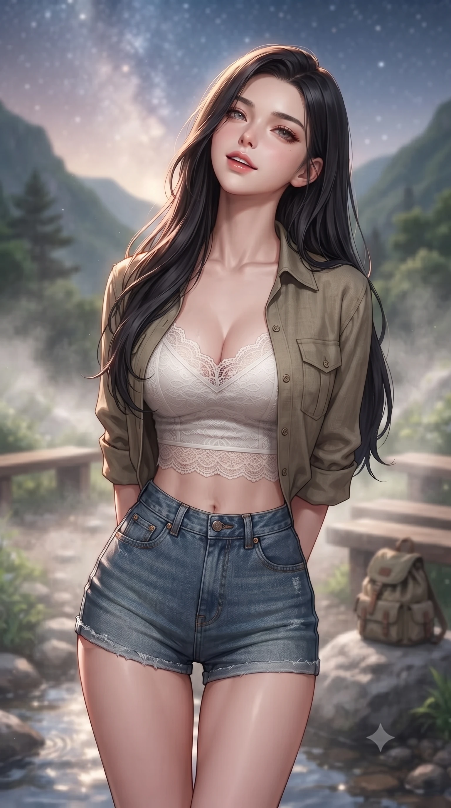 score_9, masterpiece, best quality, ultra-detailed, high-budget anime keyframe, editorial fashion photography, tasteful artistic composition, Korean woman. close-up cowboy shot from the waist and thighs up, the character dominates the composition, filling the frame with her large presence, background elements kept in soft focus. archingly tilting her head back slightly with a soft, sensual half-smile and parted lips set against a soft-focus background of at a rest area along a scenic valley hiking trail with wooden benches sitting on a clean rock with a small canvas backpack nearby. She has an exceptionally elegant, slender, and willowy female figure with an ultra-slim waist, a gracefully sculpted slender torso, and a refined silhouette. sharp v-shaped jawline, high-bridge nose, intricate jewel-like eyes with depth, thick eyelashes, glossy lips with a natural sheen. wearing slim-fit delicate lace-accented crop top under an open utility shirt, paired with micro-shorts. soft morning mist rising from the stream, diffusing the warm starlight. highly saturated vibrant anime colors, detailed shading with soft gradients, rich glossy textures, high-contrast stereoscopic depth, volumetric dynamic lighting, master piece, 9:16 ratio