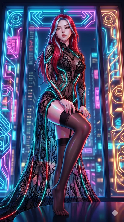 score_9, masterpiece, best quality, ultra-detailed, High-budget Anime Keyframe, East Asian woman. Low angle cowboy shot filling the entire 9:16 frame with her statuesque presence. Scenario 37: Adjusting her thigh-high stocking by a glowing neon windo