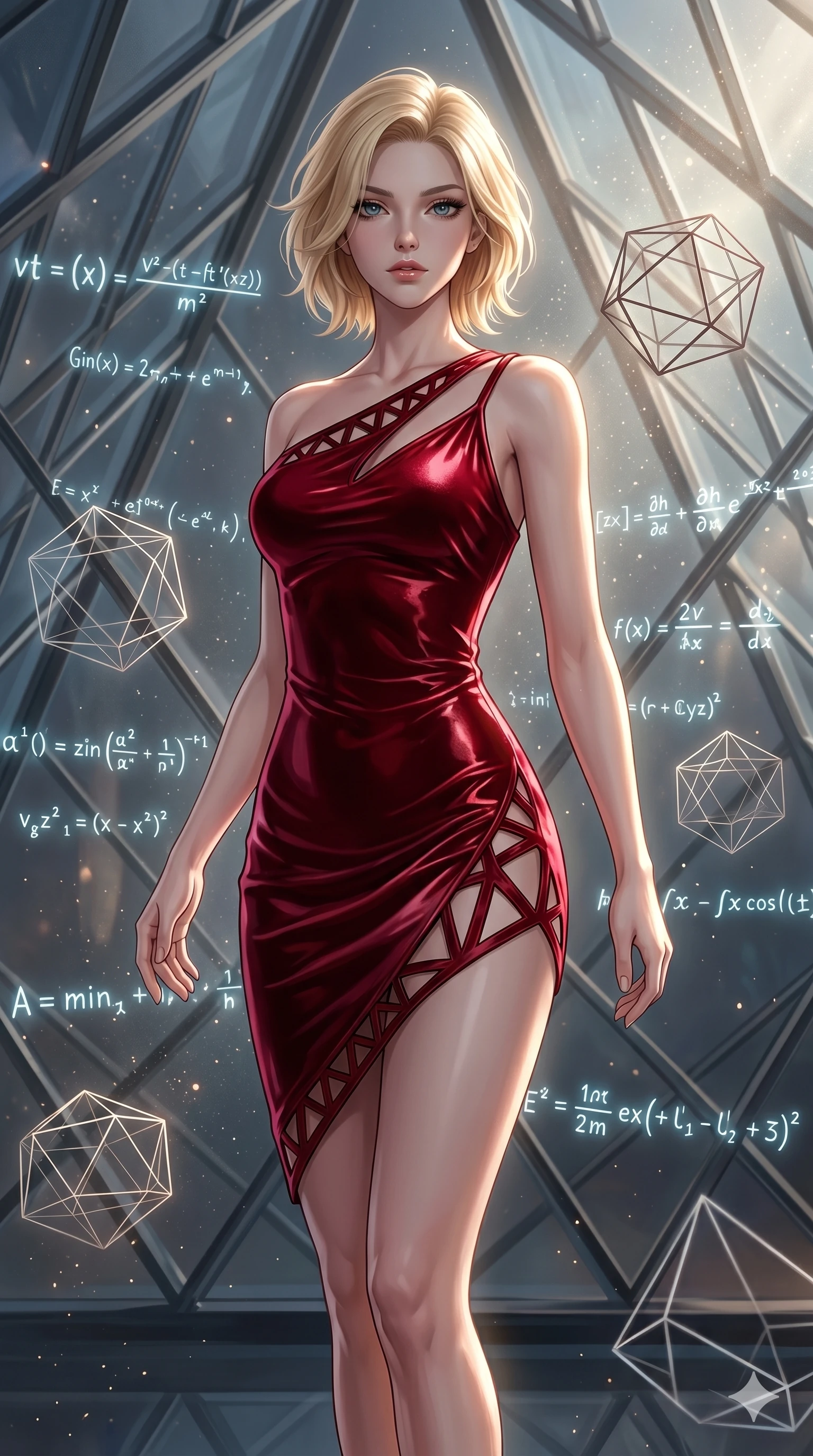 score_9, masterpiece, best quality, ultra-detailed, high-budget anime keyframe, editorial fashion photography, tasteful artistic composition, Caucasian woman, strictly human ears. upper body close-up from the thighs up, character filling the screen for maximum presence. swirling in a vortex of inside a geometric glass pyramid surrounded by floating mathematical equations while floating geometrical wireframes rotate and pulse in synch. She has an absolutely perfect 8-heads proportion, an exceptionally tall and slender female figure with impossibly long slender legs and an ultra-slim waist. V-shaped jawline, high-bridge nose, intricate jewel-like eyes with depth, thick eyelashes, glossy lips with a natural sheen.. wearing an asymmetric liquid velvet slip dress, featuring a wet-look deep crimson red velvet one-shoulder mini slip with asymmetric geometric cutout trim. illuminated by dramatic chiaroscuro casting soft shadows along her curves, with vibrant backlighting highlighting the dust particles. 2k, ultra detail, master piece, 9:16 ratio