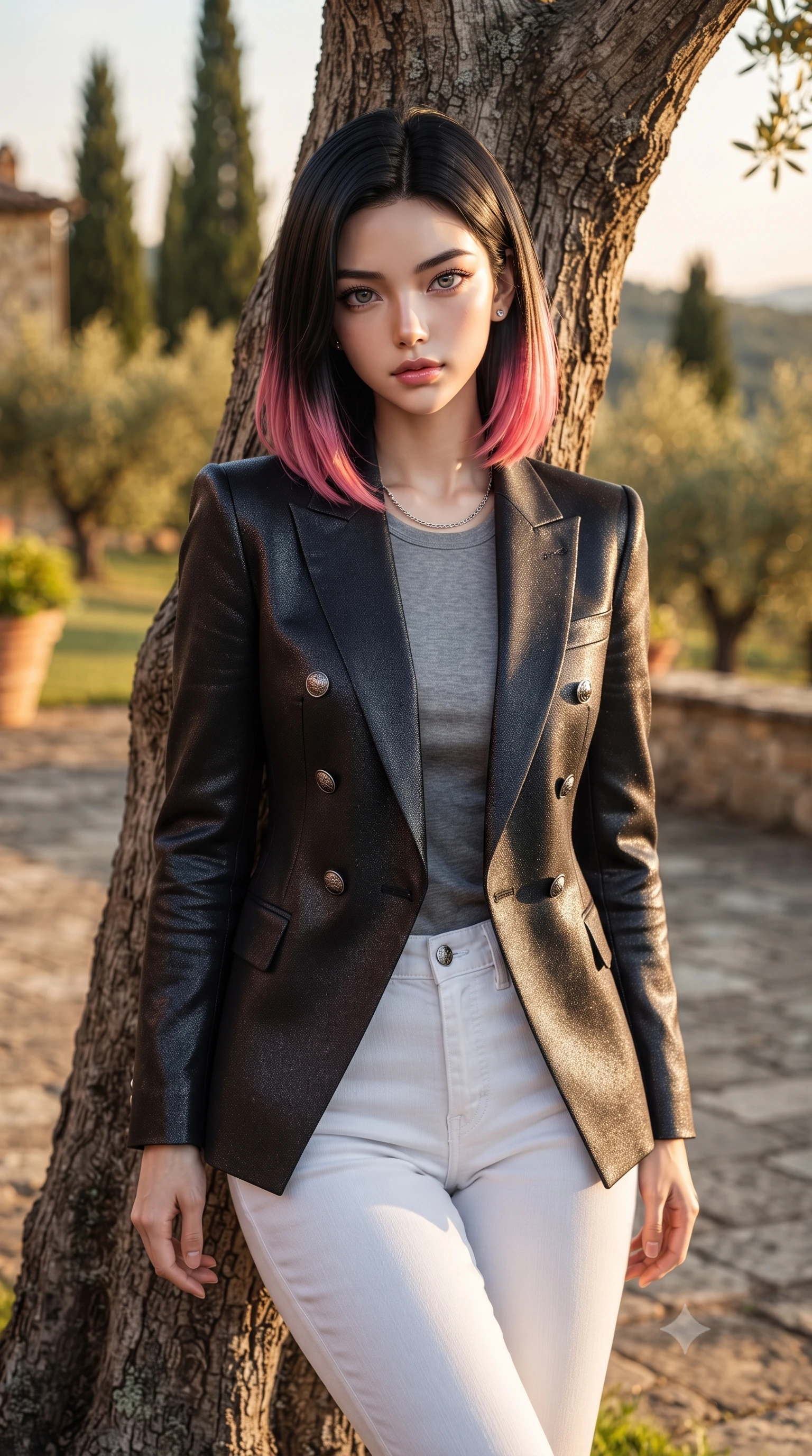 score_9, masterpiece, best quality, ultra-detailed, high-budget anime keyframe, editorial fashion photography, tasteful artistic composition, Korean woman woman. close-up cowboy shot from the waist and thighs up, the character dominates the composition, filling the frame with her large presence, background elements kept in soft focus. standing relaxed against a tree trunk, sharing a quiet, serene moment with the viewer the background shows a soft-focus a rustic stone patio of a Tuscan villa surrounded by cypress trees and olive orchards. She has an exceptionally elegant, slender, and willowy female figure with an ultra-slim waist, a gracefully sculpted slender torso, and a refined silhouette. sharp v-shaped jawline, high-bridge nose, intricate jewel-like eyes with depth, thick eyelashes, glossy lips with a natural sheen. wearing a body-hugging tailored black double-breasted blazer over a grey crewneck top and white denim jeans. warm golden hour sunbeams bathing the stone structure in an amber wash. ultra-reflective glossy finish, specular highlights, metallic sheen, high-contrast stereoscopic depth, volumetric dynamic lighting, 2k, ultra detail, master piece, 9:16 ratio