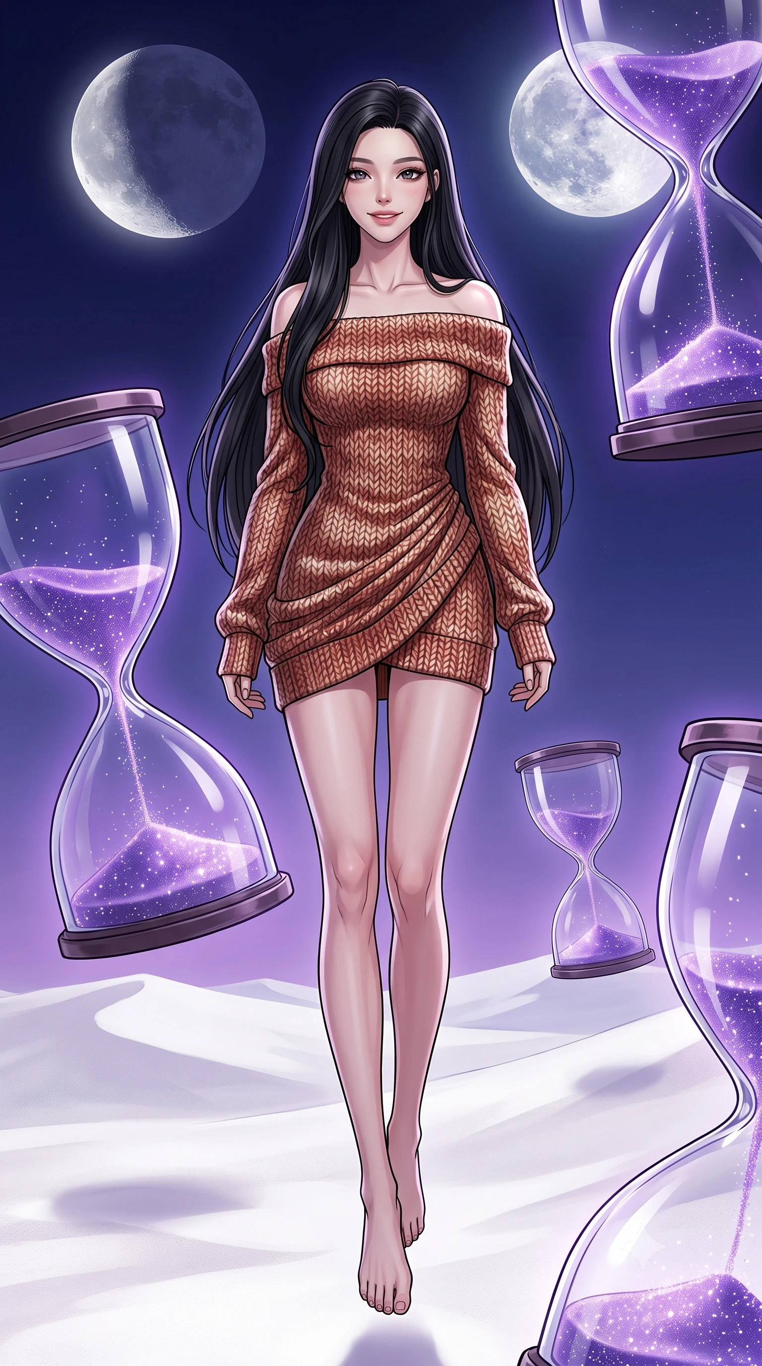 score_9, masterpiece, best quality, ultra-detailed, high-budget anime keyframe, editorial fashion photography, tasteful artistic composition, gorgeous anime illustration, with clean line-art, distinct ink outlines, and high-contrast stereoscopic depth, Korean woman. low angle full-body shot from head to toe showing her feet, filling the entire 9:16 vertical frame with her statuesque presence, stretching her vertical silhouette. floating with a serene, happy lightness within in a white sand desert filled with giant floating glass hourglasses where the sand is purple stardust that flows upwards into a sky with two moons. She has a statuesque 8.5-heads proportion, an exceptionally tall, slender and willowy model-like build with impossibly long legs and a highly sculpted ultra-slim waist. sharp v-shaped jawline, high-bridge nose, intricate jewel-like eyes with depth, thick eyelashes, glossy lips with a natural sheen. wearing an off-shoulder fitted sweater dress in a two-tone weave of terracotta and cream wool, conforming to her slender willowy silhouette. soft silver moonlight from the two moons with a gentle purple glow from the stardust sand inside the hourglasses. 2k, ultra detail, master piece, 9:16 ratio, highly saturated vibrant anime colors, detailed cel-shading with soft gradients, rich glossy textures, deep contrast, volumetric dynamic lighting, 2d animation style