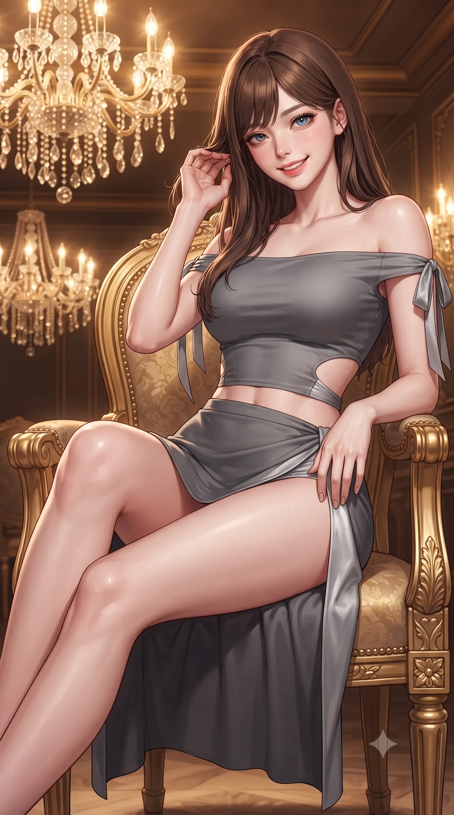 score_9, masterpiece, best quality, ultra-detailed, high-budget anime keyframe, editorial fashion photography, tasteful artistic composition, Korean woman. close-up cowboy shot from the waist and thighs up, the character dominates the composition, filling the frame with her large presence. gently brushing a lock of hair behind her ear while casting a playful, flirtatious side-gaze with long eyelashes while lounging gracefully in the gilded Louis XVI bergère chair propped on one elbow with legs extended, displaying her long slender limbs and statuesque hourglass silhouette. The surrounding environment is rendered in vivid detail and crisp panoramic clarity: detailed garment cut, bodycon tailoring, and French resort heritage craft in razor-sharp precision. She has an exceptionally elegant, slender, and willowy female figure with an ultra-slim waist, flat toned midriff, narrow ribcage, and sculpted feminine hips creating an alluring, slim hourglass silhouette without bulk. sharp v-shaped jawline, high-bridge nose, intricate jewel-like sparkling eyes with depth, thick eyelashes, glossy parted lips with a natural peach sheen, bright cheerful beaming smile with an enchanting and coquettish sensual glint, exuding both youthful cute charm and seductive allure, flawlessly proportioned anatomical accuracy, strict slender model proportions, natural body alignment, perfectly sculpted long slender limbs, ultra-slim waistline, clean dynamic posture without body distortion. wearing an alluring off-the-shoulder crop top with asymmetrical side-torso cutouts and a high-slit wrap skirt in Mont-Saint-Michel granite slate grey and moonlit tide silver, made of fluid liquid jersey with seamless sculpting hold and smooth contours, finished with satin ribbon ties at the shoulders fluttering in the gentle breeze, the bespoke structured tailoring following the natural line of her 8.5-heads silhouette with refined elegance. bathed in the warm radiant 2600K golden illumination of multi-tiered crystal chandeliers dimmed to an intimate VIP salon ambiance. ultra-reflective glossy finish, specular highlights, rich textural contrasts, high-contrast stereoscopic depth, volumetric dynamic lighting, 2k, ultra detail, master piece, 9:16 ratio