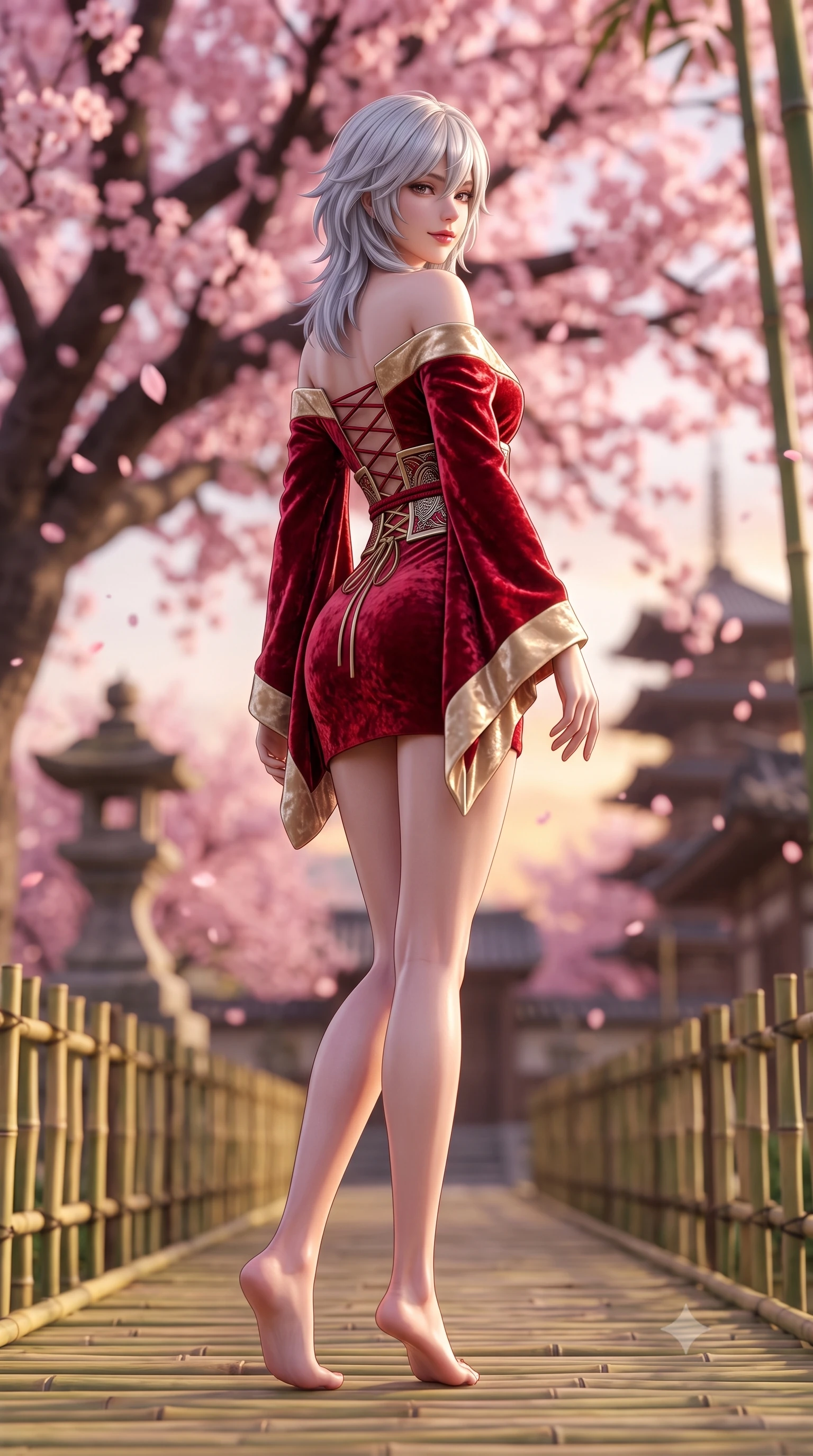 score_9, masterpiece, best quality, ultra-detailed, high-budget anime keyframe, semi-realistic 3D game render, editorial fashion photography, tasteful artistic composition, Japanese woman. low angle full-body shot from head to toe showing her feet, filling the entire 9:16 vertical frame with her statuesque presence, stretching her vertical silhouette. walking slowly through the bamboo pathway, looking back over her shoulder with an air of effortless oriental grace and an alluring, smoldering smile while twisting her slender torso in an alluring S-curve in the spring breeze, her form-fitting modern kimono tracing her narrow waist and hips. The background shows a soft-focus drifting pink cherry blossoms from a massive blooming tree and historic temple stone pagodas blurred into sakura pink, honey, and charcoal bokeh. She has an absolutely perfect, statuesque 8.5-heads proportion, an exceptionally tall and slender model-like female figure with impossibly long slender legs, an ultra-slim waist, a flat toned midriff, narrow delicate ribcage, and beautifully sculpted feminine hips creating a graceful, slim hourglass silhouette without any bulky heaviness. sharp v-shaped jawline, high-bridge nose, intricate jewel-like dark sparkling almond eyes with depth, thick lashes, glossy parted lips with a natural rose-plum sheen, bright alluring and coquettish smile with bedroom-eyes, exuding both timeless oriental elegance and sovereign high-fashion allure, flawlessly proportioned anatomical accuracy, strict slender model proportions, natural body alignment, perfectly sculpted long slender limbs, ultra-slim waistline, clean dynamic posture without body distortion. wearing an asymmetric off-shoulder cyber-kimono mini dress with a wide metallic obi corset belt accentuating her narrow waist in royal crimson red and lustrous champagne gold, crafted from sumptuous crushed winter velvet with deep light-absorbing plushness, finished with criss-cross back satin laces tracing her slender spine, the form-fitting tailored bodice adhering flawlessly to her sculpted flat midriff and slender torso, emphasizing her long leg lines and perfectly proportioned willowy build. bathed in warm, soft spring afternoon sunlight filtering through pink blossom branches. highly saturated vibrant anime colors, detailed shading with soft gradients, rich glossy textures, high-contrast stereoscopic depth, volumetric dynamic lighting, master piece, 9:16 ratio