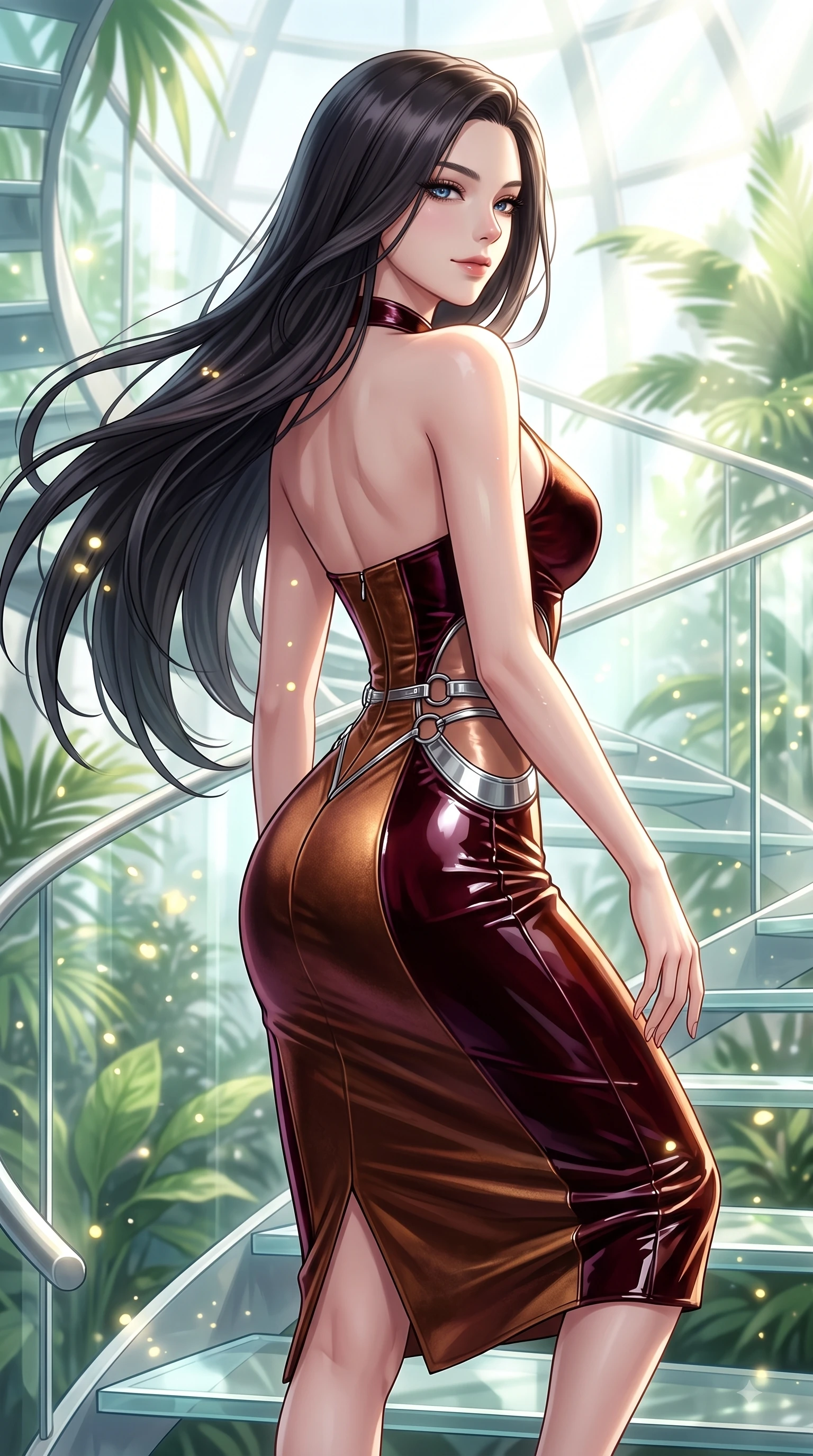 score_9, masterpiece, best quality, ultra-detailed, high-budget anime keyframe, editorial fashion photography, tasteful artistic composition, Korean woman. close-up cowboy shot from the waist and thighs up, the character dominates the composition, filling the frame with her large presence, background elements kept in soft focus. Casting a seductive sidelong gaze over her bare shoulder with heavy lashes and a composed half-smile while ascending a vertical glass spiral staircase enveloped by tropical volumetric sunbeams, glowing pollen particles drifting gracefully around her statuesque silhouette. She has an exceptionally elegant, slender, and willowy female figure with an ultra-slim waist, a gracefully sculpted slender torso, and a refined silhouette. sharp v-shaped jawline, high-bridge nose, intricate jewel-like eyes with depth, thick eyelashes, glossy lips with a natural sheen, flawlessly proportioned anatomical accuracy, natural body alignment, perfectly sculpted elegant limbs, clean dynamic posture without body distortion. wearing a velvet halter-neck midi dress following her form like a glove in deep burgundy and bronze, tailored from high-gloss patent leather, accented with delicate chrome ring hardware framing her waist, the glove-like fit emphasizing her statuesque silhouette during motion. surrounded by a bright, airy ambiance with radiant white and green highlights. highly saturated vibrant anime colors, detailed shading with soft gradients, rich glossy textures, high-contrast stereoscopic depth, volumetric dynamic lighting, master piece, 9:16 ratio