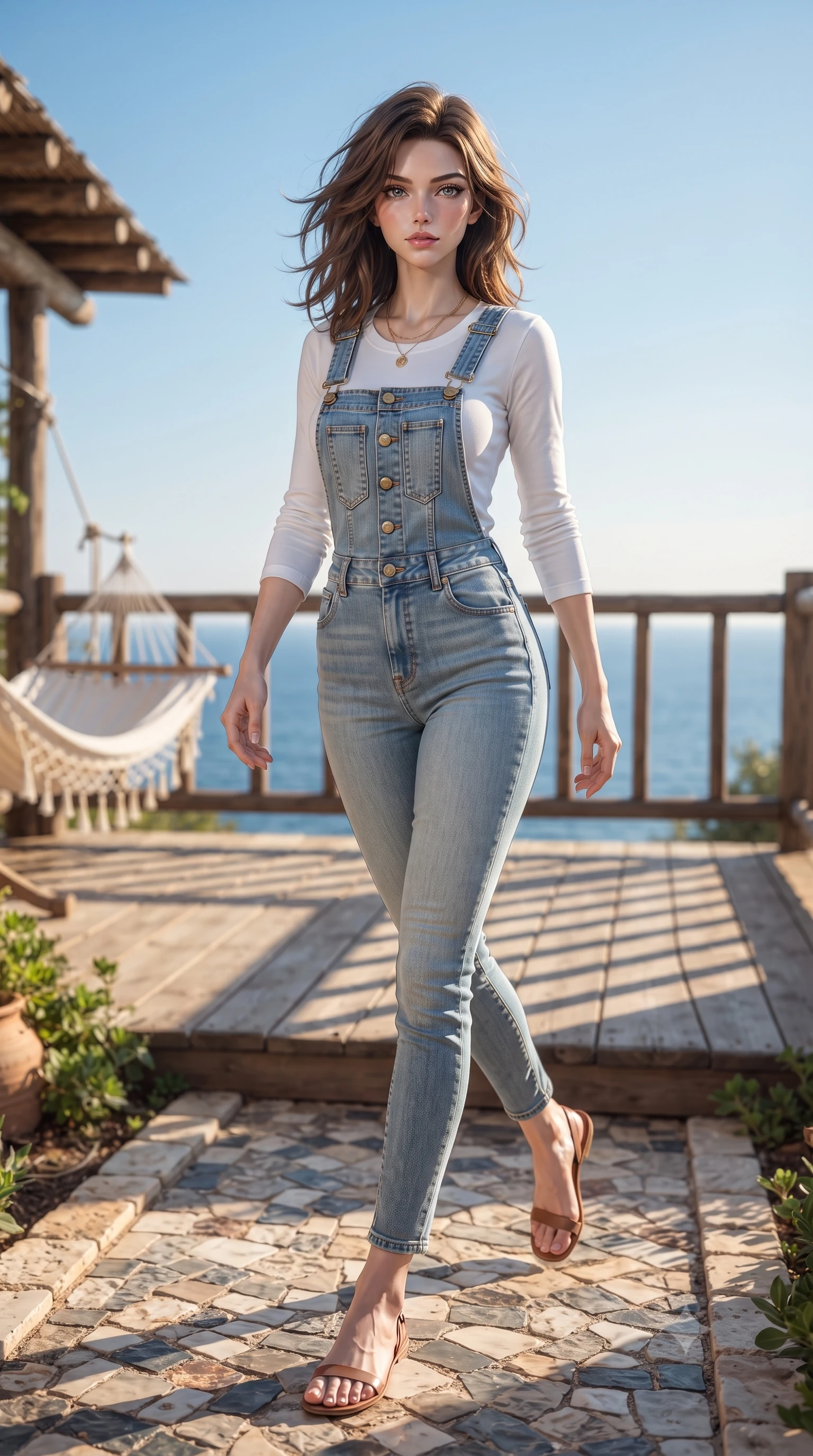 score_9, masterpiece, best quality, ultra-detailed, high-budget anime keyframe, editorial fashion photography, tasteful artistic composition, Korean woman woman. low angle full-body shot from head to toe showing her feet, filling the entire 9:16 vertical frame with her statuesque presence, stretching her vertical silhouette. stepping gracefully across a stone path in the garden the background shows a soft-focus a wooden balcony with a hammock overlooking the Mediterranean sea under a clear blue sky. She has an absolutely perfect, statuesque 8.5-heads proportion, an exceptionally tall and slender model-like female figure with impossibly long slender legs and an ultra-slim waist. sharp v-shaped jawline, high-bridge nose, intricate jewel-like eyes with depth, thick eyelashes, glossy lips with a natural sheen. wearing a slim-fit casual denim overall worn over a simple white long-sleeve tee. warm sunbeams tracing geometric patterns across the wooden planks. ultra-reflective glossy finish, specular highlights, metallic sheen, high-contrast stereoscopic depth, volumetric dynamic lighting, 2k, ultra detail, master piece, 9:16 ratio