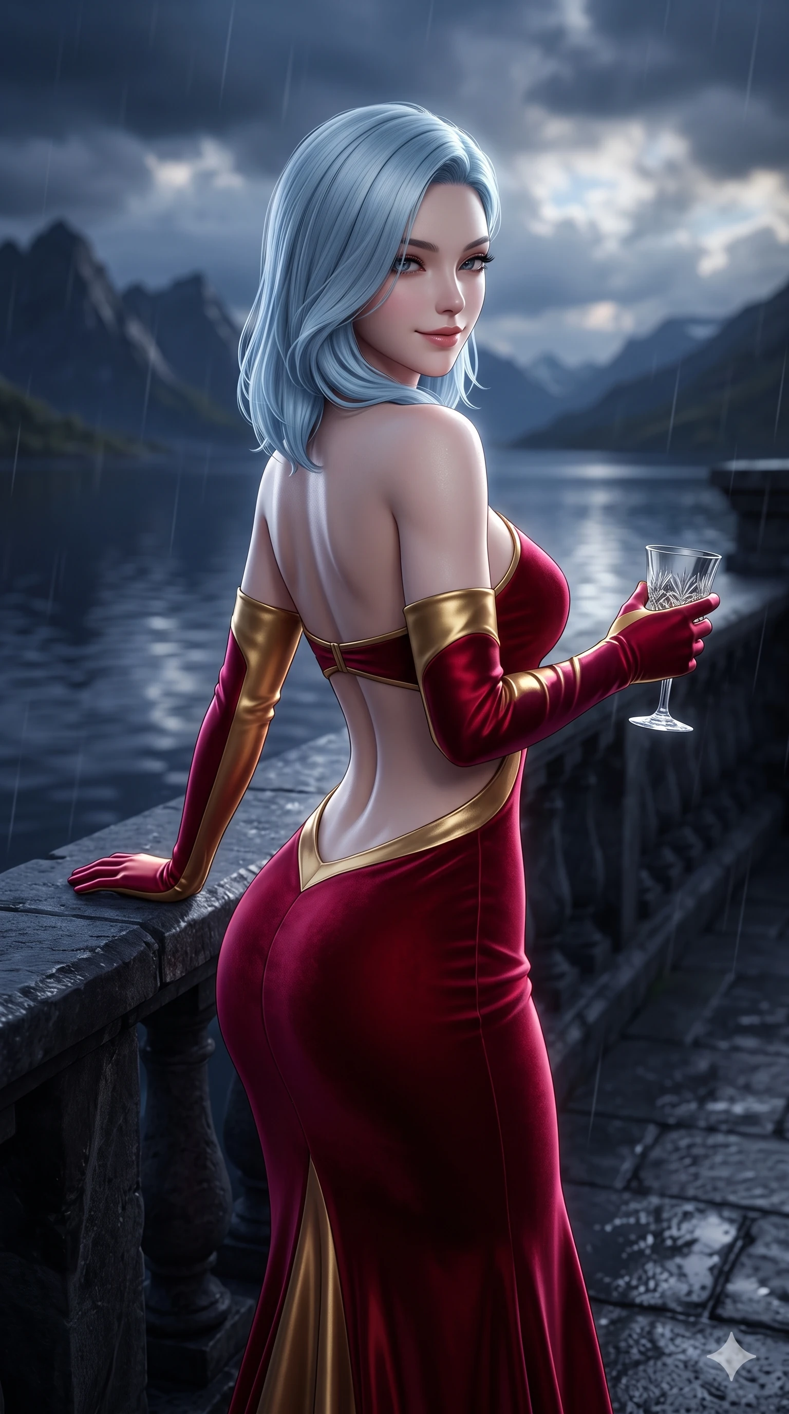 score_9, masterpiece, best quality, ultra-detailed, high-budget anime keyframe, semi-realistic 3D game render, editorial fashion photography, tasteful artistic composition, Korean woman. close-up cowboy shot from the waist and thighs up, the character dominates the composition, filling the frame with her large presence. turning over a bare shoulder with an intoxicating, teasing smile, her soft hair framing her sharp jawline as her hips angle gracefully in a captivating contrapposto while leaning deep against the parapet edge with hips cocked back, looking out over the dark loch as storm clouds part with smoldering bedroom-eyes. The composition keeps background elements in soft focus with creamy bokeh: deep loch waters reflecting broken sky fragments, distant craggy mountain crests, and rain-swept flagstones blurred into slate, indigo, and silver bokeh. She has an exceptionally elegant, slender, and willowy female figure with an ultra-slim waist, flat toned midriff, narrow ribcage, and sculpted feminine hips creating an alluring, slim hourglass silhouette without bulk. sharp v-shaped jawline, high-bridge nose, intricate jewel-like eyes with depth, thick eyelashes, glossy parted lips with a natural sheen, intensely captivating and seductive bedroom-eyes expression, flawlessly proportioned anatomical accuracy, strict slender model proportions, natural body alignment, perfectly sculpted long slender limbs, ultra-slim waistline, clean dynamic posture without body distortion. wearing a sculpted liquid-satin mermaid gown with an architectural open-waist cutout and bare spine in royal crimson velvet and burnished gold, crafted from fluid liquid silk satin that clings smoothly to her narrow waist and rounded hips with a dewy sheen, accessorized with opera-length satin gloves and a vintage crystal glass, the form-contouring silhouette accentuating her sculpted flat midriff, narrow delicate ribcage, and gracefully curvy hips with intoxicating allure. bathed in high-contrast dramatic sky illumination with crisp silver rim lights sculpting her jawline, narrow waist, and curvy hips. highly saturated vibrant anime colors, detailed shading with soft gradients, rich glossy textures, high-contrast stereoscopic depth, volumetric dynamic lighting, master piece, 9:16 ratio