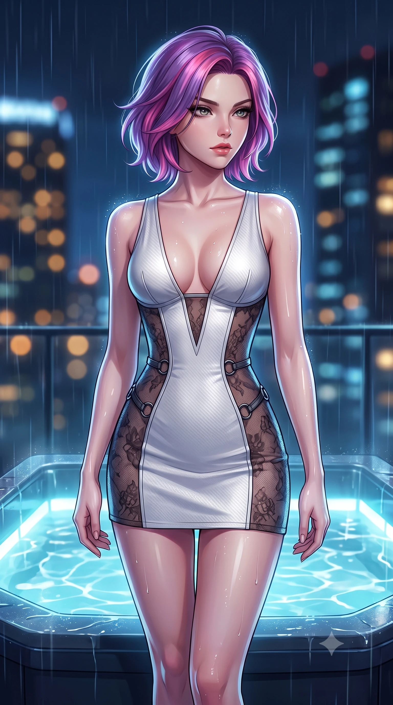 score_9, masterpiece, best quality, ultra-detailed, high-budget anime keyframe, editorial fashion photography, tasteful artistic composition, Caucasian woman. close-up cowboy shot from the waist and thighs up, the character dominates the composition, filling the frame with her large presence, background elements kept in soft focus. Holding a confident power pose with one hand on her hip, poised at the edge of a lighted glass hot tub looking over a 2 AM metropolis, distant skyscraper lights forming soft amber and blue bokeh in the background. She has an exceptionally elegant, slender, and willowy female figure with an ultra-slim waist, a gracefully sculpted slender torso, and a refined silhouette. sharp v-shaped jawline, high-bridge nose, intricate jewel-like eyes with depth, thick eyelashes, glossy lips with a natural sheen. wearing deep V-neck corset bodice mini dress with sheer dark lace panels in pearl white, made of matte carbon-fiber weave, trimmed with dark chrome ring hardware along the waist contours, accentuating her gracefully sculpted slender torso. surrounded by a cool rain-soaked ambiance with sharp rim highlights. highly saturated vibrant anime colors, detailed shading with soft gradients, rich glossy textures, high-contrast stereoscopic depth, volumetric dynamic lighting, master piece, 9:16 ratio