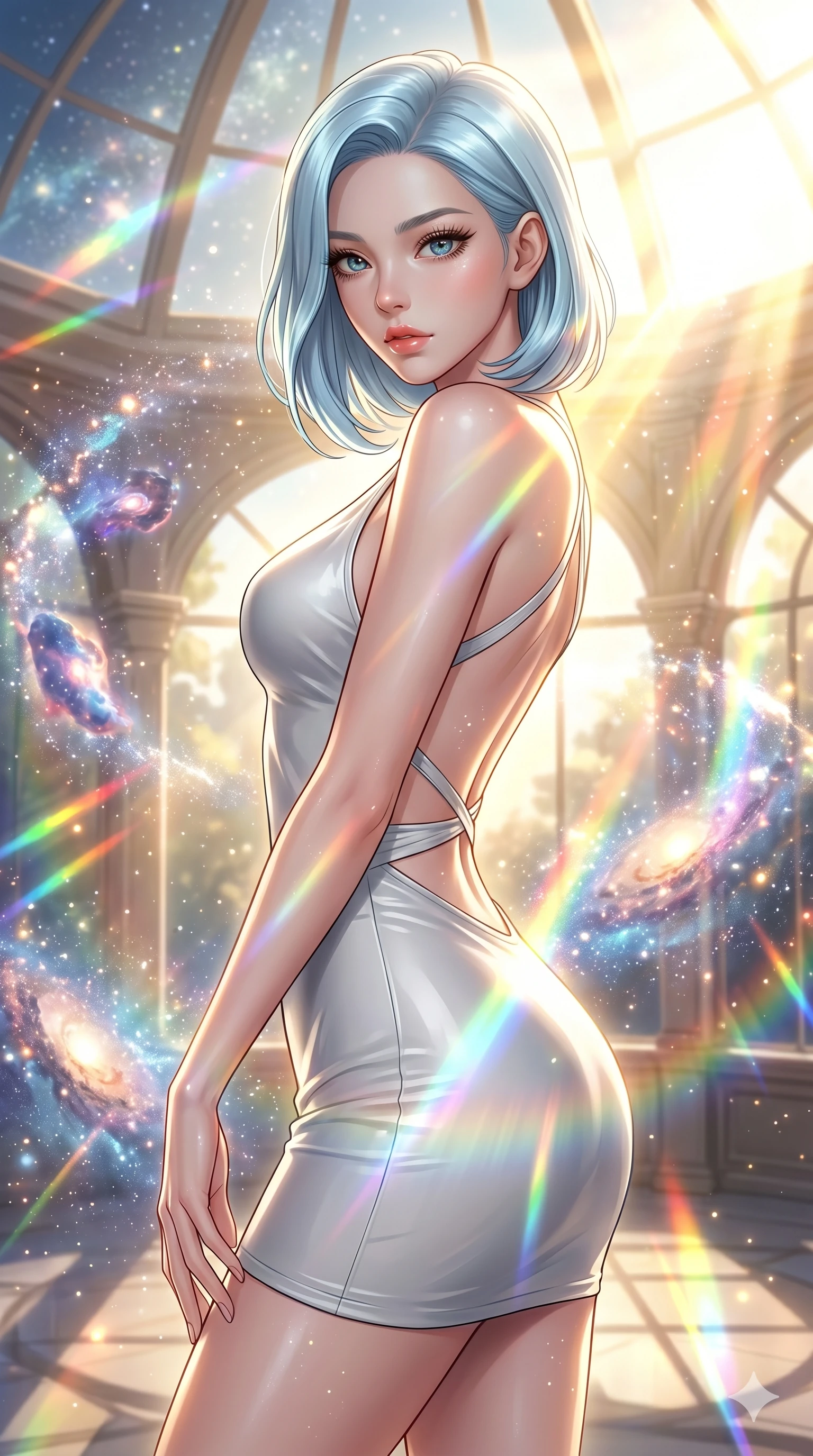 score_9, masterpiece, best quality, ultra-detailed, high-budget anime keyframe, editorial fashion photography, tasteful artistic composition, Korean woman. Upper body close-up from the thighs up, character filling the screen for maximum presence. She is arching her back gracefully as glowing cosmic stardust and floating nebulae swirl around her inside a sunlit orbital conservatory. She looks toward the camera with a captivating, bedroom gaze. She has an absolutely perfect 8-heads proportion, an exceptionally tall and slender female figure with impossibly long slender legs and an ultra-slim waist. V-shaped jawline, high-bridge nose, intricate jewel-like eyes with depth, thick eyelashes, glossy lips with a natural sheen. She is wearing a second-skin fashion-latex mini dress with a clean architectural front, featuring an open-back design that wraps around the sides of her waist, showcasing her slender silhouette. The scene is bathed in brilliant, high-contrast golden solar rays and refracting rainbow lens flares. 2k, ultra detail, master piece, 9:16 ratio