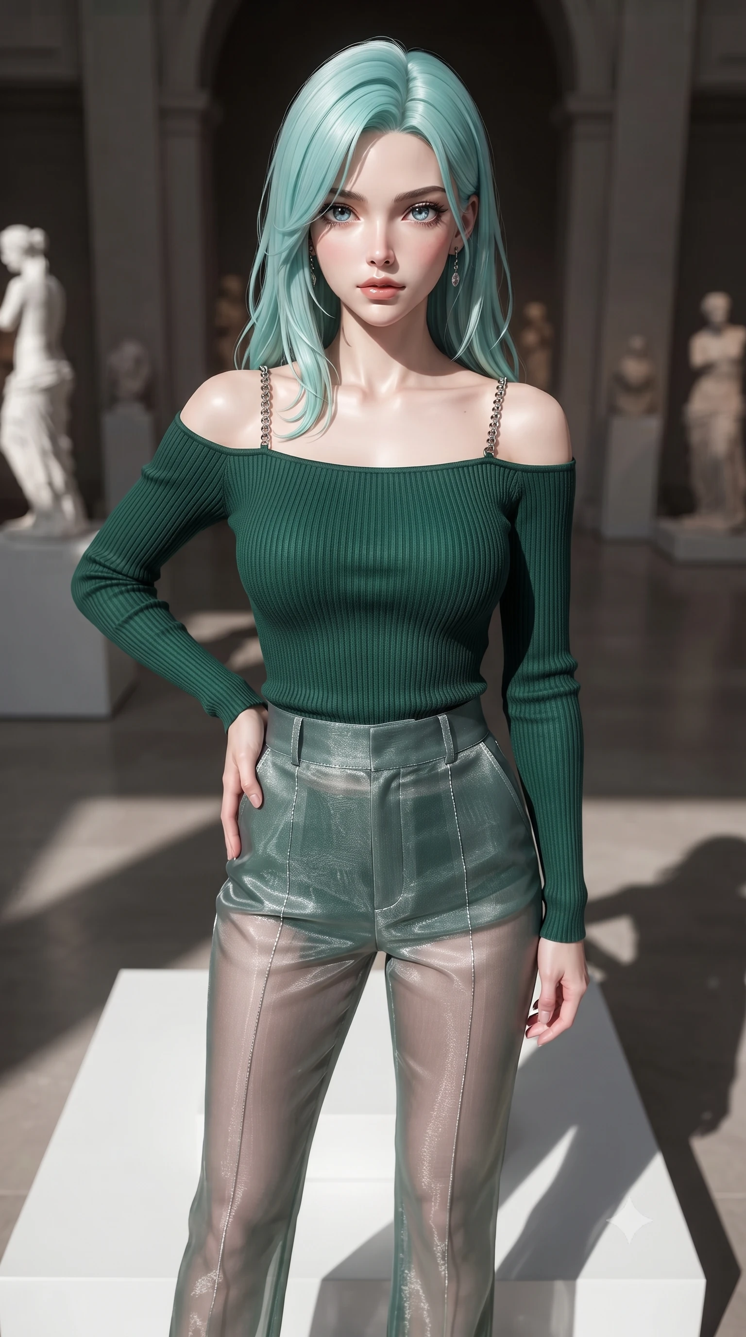 score_9, masterpiece, best quality, ultra-detailed, high-budget anime keyframe, editorial fashion photography, tasteful artistic composition, Japanese woman. close-up cowboy shot from the waist and thighs up, the character dominates the composition, filling the frame with her large presence, background elements kept in soft focus. Holding a confident power pose with one hand on her hip, gazing directly into the camera with quiet intensity poised atop a sleek white sculpture pedestal inside a high-fashion museum, dramatic single fashion spotlights casting razor-sharp shadows on the floor. She has an exceptionally elegant, slender, and willowy female figure with an ultra-slim waist, a gracefully sculpted slender torso, and a refined silhouette. sharp v-shaped jawline, high-bridge nose, intricate jewel-like eyes with depth, thick eyelashes, glossy lips with a natural sheen. wearing a sleek off-shoulder ribbed knit top paired with high-waist tailored pants in deep emerald green and silver accent, woven from fine semi-opaque sheer organza, adorned with delicate metallic chain straps along the neckline, the elegant draped fit framing her graceful clavicle and slender torso. illuminated by dramatic high-contrast runway spotlights and clear ambient fill. ultra-reflective glossy finish, specular highlights, metallic sheen, high-contrast stereoscopic depth, volumetric dynamic lighting, 2k, ultra detail, master piece, 9:16 ratio