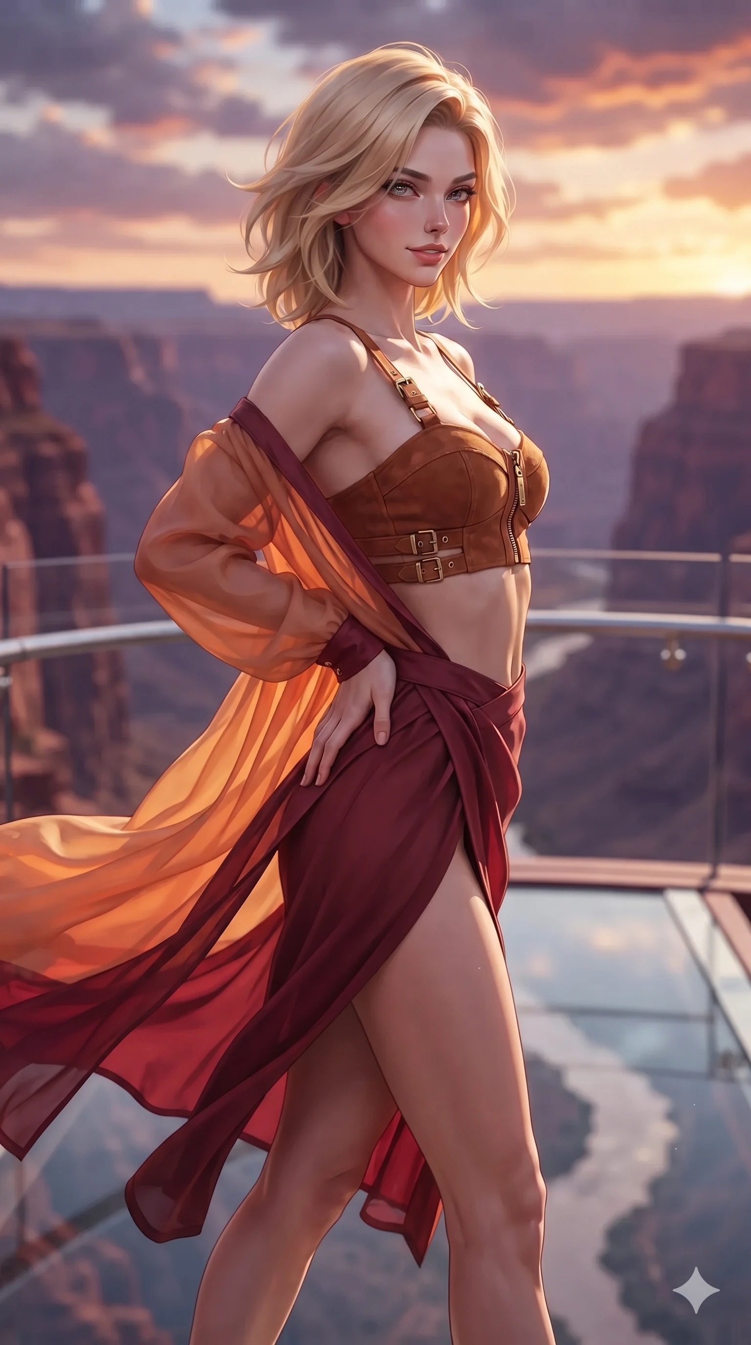 score_9, masterpiece, best quality, ultra-detailed, high-budget anime keyframe, editorial fashion photography, tasteful artistic composition, Caucasian woman. close-up cowboy shot from the waist and thighs up, the character dominates the composition, filling the frame with her large presence. arching her spine backward with effortless dancer poise, one hand sliding along her hip line as directional light carves specular highlights along her silhouette while walking slowly along the suspended glass skywalk, looking back over her shoulder with an air of effortless grace and an alluring, smoldering smile as the thousand-foot canyon drop opens beneath her transparent feet. The background shows a soft-focus soaring red rock canyon walls dropping thousands of feet into purple shadow, snaking river far below, and sunset clouds blurred into terracotta, violet, and molten gold bokeh. She has an exceptionally elegant, slender, and willowy female figure with an ultra-slim waist, flat toned midriff, narrow ribcage, and sculpted feminine hips creating an alluring, slim hourglass silhouette without bulk. sharp v-shaped jawline, high-bridge nose, sparkling eyes with hypnotic seductive depth, thick curled eyelashes, glossy parted lips with a natural dewy peach sheen, alluring bedroom-eyes with an enchanting coquettish smile, exuding magnetic siren charisma and sophisticated glamour, flawlessly proportioned anatomical accuracy, strict slender model proportions, natural body alignment, perfectly sculpted long slender limbs, ultra-slim waistline, clean dynamic posture without body distortion. wearing a delicate sheer chiffon western duster robe slipping off bare shoulders over a matching strappy suede bralette in blazing desert sunset orange and deep canyon crimson, crafted from translucent iridescent mesh with a wet-look second-skin cling, finished with sleek heavy-duty brass zip pulls and buckled moto straps, the high-slit wrap tailoring accentuating her ultra-slim waistline and the enchanting curve of her feminine hips with alluring seductive charm. illuminated by glass floor bounce and sharp gold-cyan rim lights defining her razor-sharp jawline, narrow waist, and curvy hips. ultra-reflective glossy finish, specular highlights, rich textural contrasts, high-contrast stereoscopic depth, volumetric dynamic lighting, 2k, ultra detail, master piece, 9:16 ratio