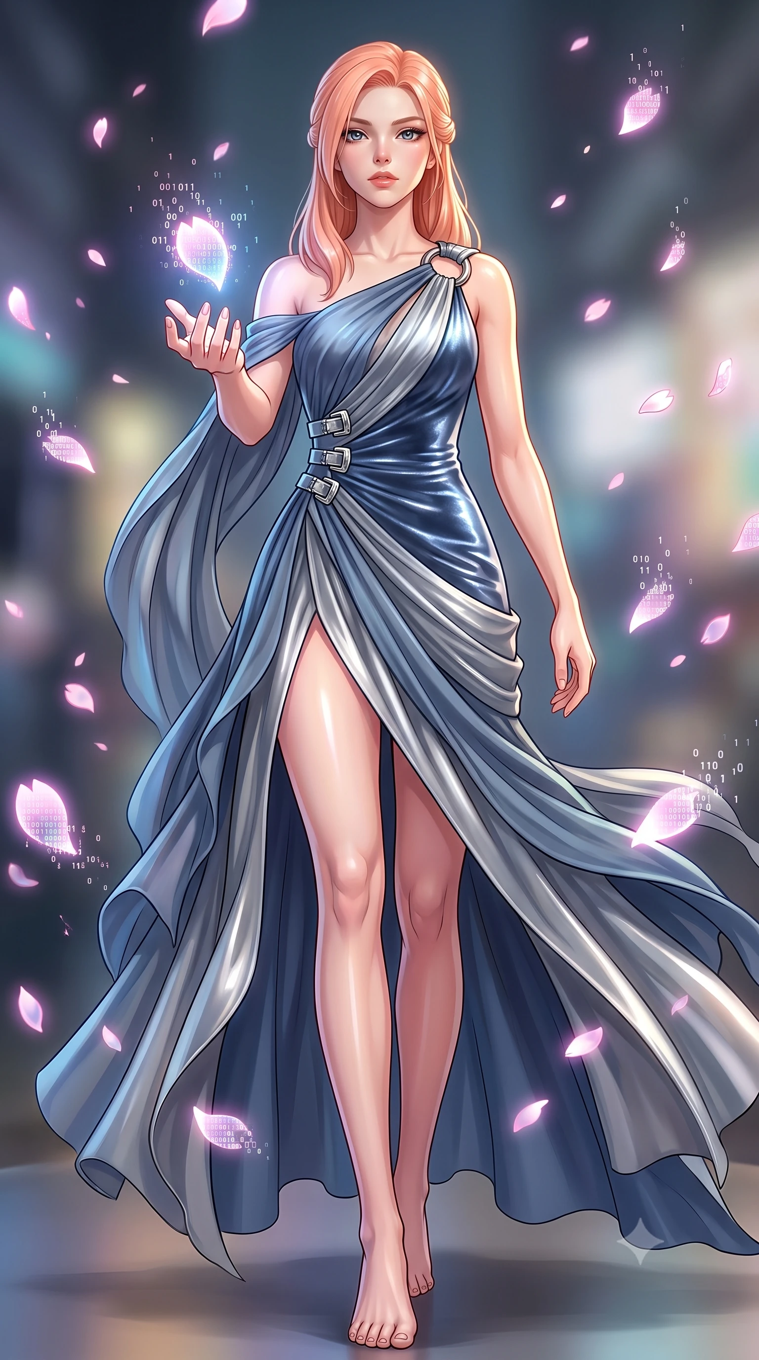 score_9, masterpiece, best quality, ultra-detailed, high-budget anime keyframe, editorial fashion photography, tasteful artistic composition, Japanese woman. low angle full-body shot from head to toe showing her feet, filling the entire 9:16 vertical frame with her statuesque presence, stretching her vertical silhouette. stepping forward in a proud dynamic stride, her vertical silhouette filling the frame with statuesque presence while reaching forward with one hand to catch a glowing holographic sakura petal, digital sakura petals flickering into binary code sparks as they float by. She has an absolutely perfect, statuesque 8.5-heads proportion, an exceptionally tall and slender model-like female figure with impossibly long slender legs and an ultra-slim waist. sharp v-shaped jawline, high-bridge nose, intricate jewel-like eyes with depth, thick eyelashes, glossy lips with a natural sheen, flawlessly proportioned anatomical accuracy, natural body alignment, perfectly sculpted elegant limbs, clean dynamic posture without body distortion. wearing an asymmetrical Grecian draped chiffon gown with a metallic shoulder ring in slate blue and metallic silver, made of premium stretch velvet with a rich sheen, detailed with polished silver buckles along the waistline, the sleek second-skin texture accentuating her magnetic presence. illuminated by glowing holographic sakura radiance and wet specular reflections. highly saturated vibrant anime colors, detailed shading with soft gradients, rich glossy textures, high-contrast stereoscopic depth, volumetric dynamic lighting, master piece, 9:16 ratio